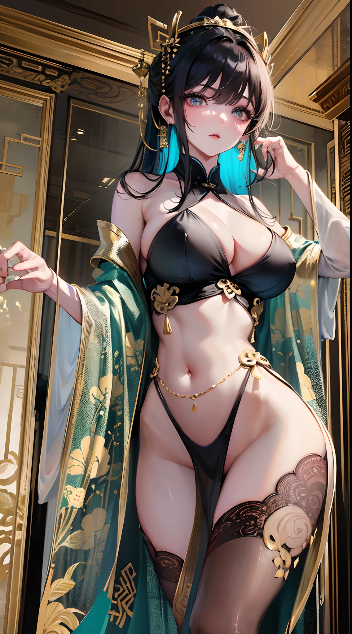 best quality, masterpiece, absurdres, low angle shot, Chinese fantasy, ancient Chinese mythology, 1girl, solo, eye candy, perfect female anatomy, super beautiful, elegant, sexy, detailed beautiful face, smooth skin, nice figure, nice proportions, sexy stunning body, detailed eyes, fine details, big boobs, cleavage, seductive, bare shoulders, long ponytail, bangs, sensual, attractive, wearing a luxurious sheer halter neck vibrant color party dress, deep plunging, translucent robes, jewelry, reflections, ultra fine details, , indoors, grand hall, luxurious, expensive, royalty, queen, figure in frame, cinematic