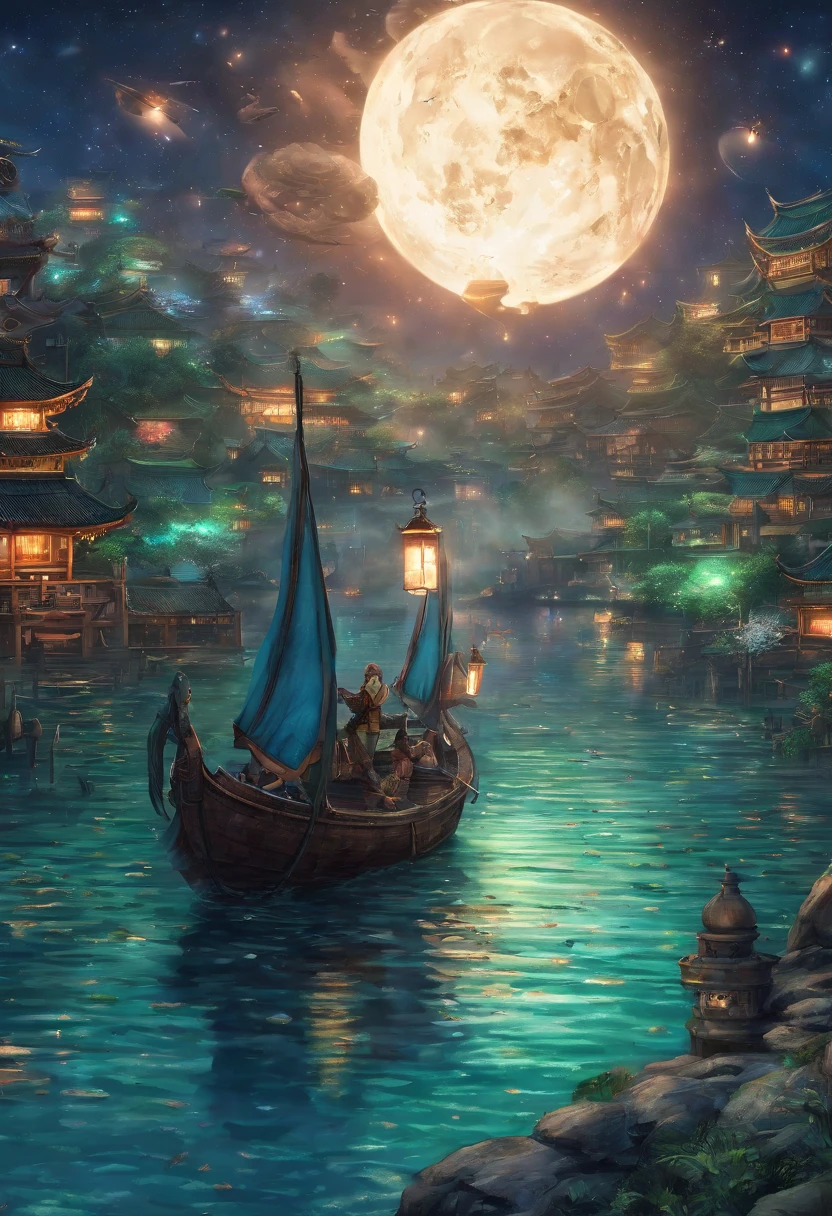 Vast night,the beautiful skyline,Vast ocean,Intense and dramatic imagery,the moving visual effects,A bright moon hangs high,Colorful natural light。A little boy sits on a lonely boat,Reaching out is an ancient lamp,The green face is full of years,Look at the blue-cyan Kongming lanterns floating in the sky,The entire night sky is covered in cyan,Green Lantern Night Tour