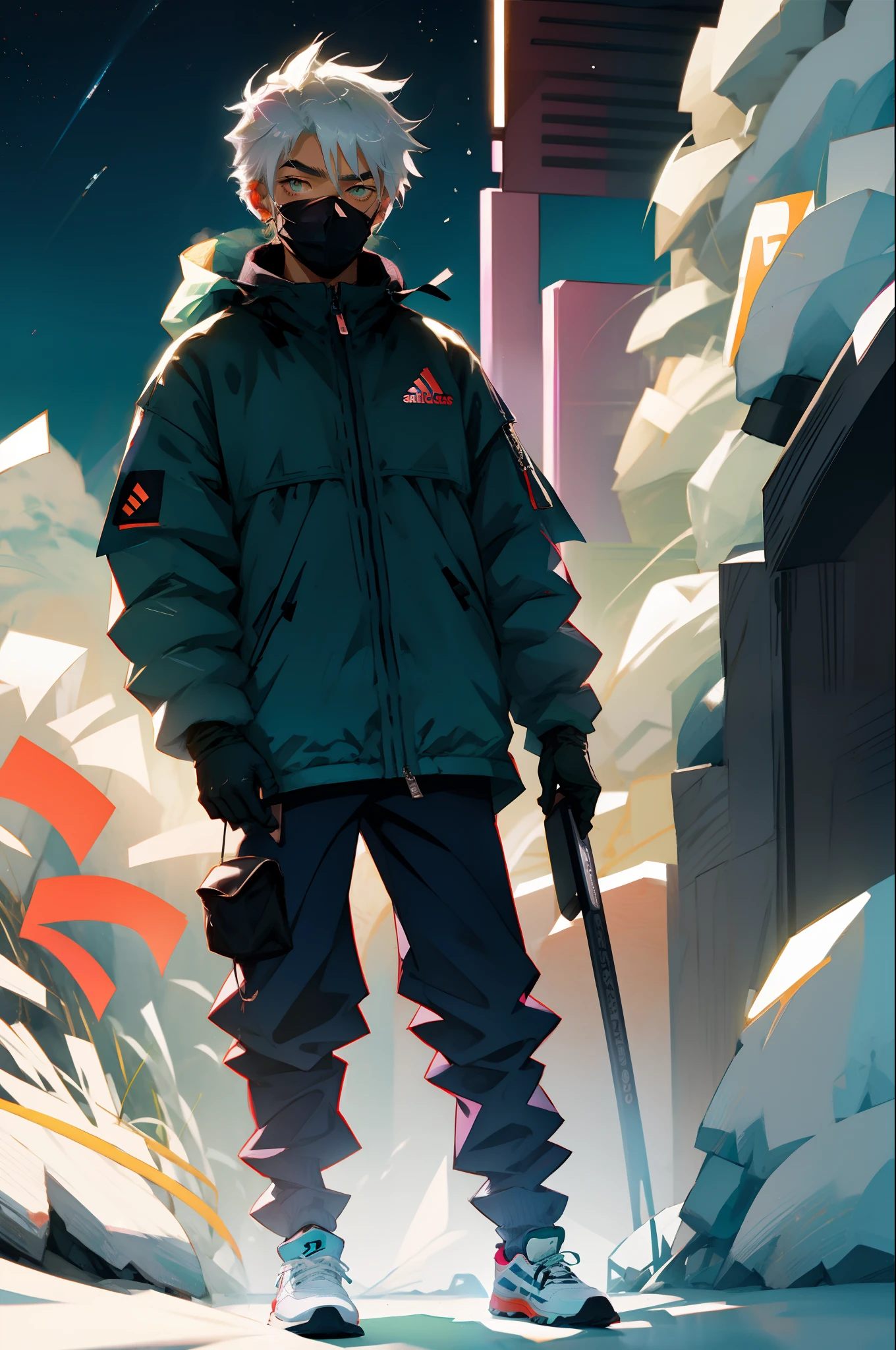 Image kakashi , tout le corp , Addidas Clothing, en pleine nuit , Phone in hand, version manga