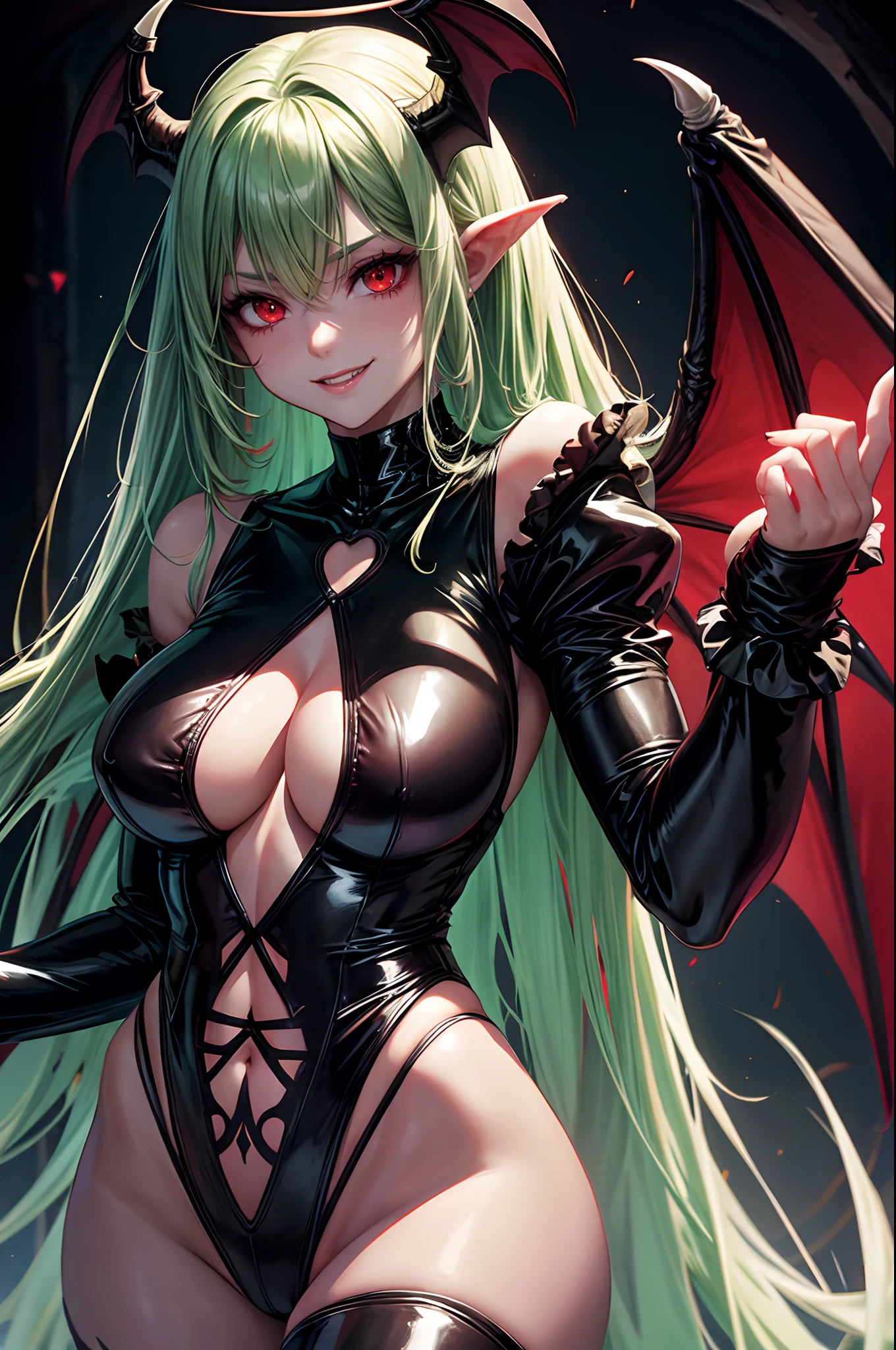 1girl, Morrigan_Aensland, beautiful face, pretty, green hair, long hair, straight hair, hair bang, straight hair bang, red eyes, mature woman, mommy, big tits, demon, succubus, demon wings, head wings, smiling sadistically, black leotard, latex leotard, black stockings, latex stockings, torture room, red light, blood