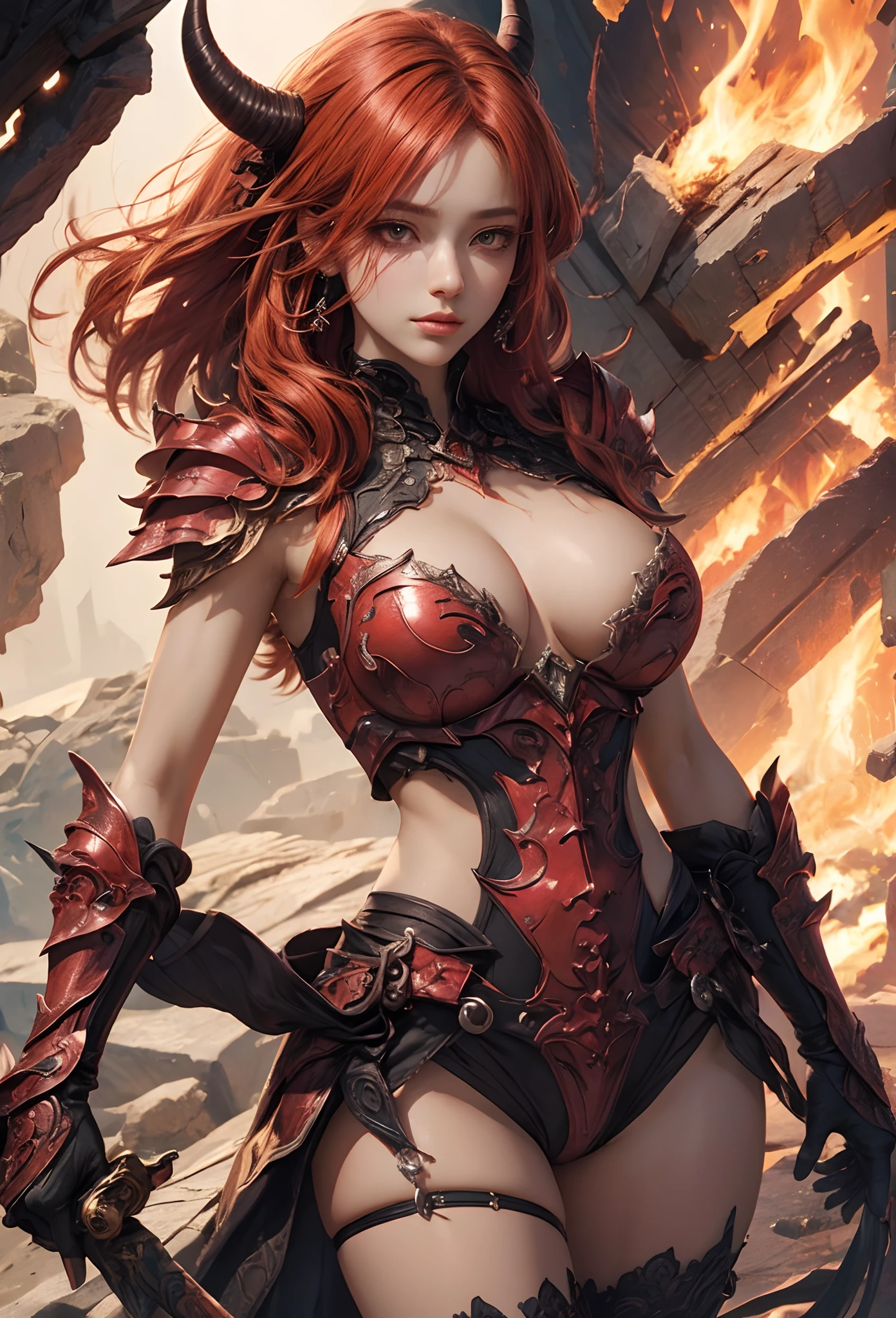 (Detailed illustrations,Very detailed and detailed drawing,Delicate lines with slow and rapid,Realistic texture expression),[Color tressed main line],[Lava cave background [Hot hell:0.4]],HENAI ANIME (Red-skinned DemonGirl 19 years old slender muscular) Flame hair (Devil's Knight:0.8),(Bone armor [crack in the chest:0.6] [Blade of Fresh Blood:0.4]) (edg),[[Dark Fantasy]],(Intricate and beautiful decoration [Dense detail]),(Fine and beautiful skin expression [Transparency]),[Perfect eye details (Iris beautifully drawn in every detail)[Jewel-like eyes]],[long and beautiful eyelashes],[Meticulously drawn hair [More on beautiful and shiny hair]],(Perfect hand details [Beautiful fingers without breakdowns [Beautiful nails]]),(Perfect Anatomy (Perfectly proportioned)) [[Full body like]],[Ideal color coordination(Accurate simulation of light-material interactions)],(HighQuality,[Precision Detail] hight resolution,(detaileds,high-detail)),[Visual art that conveys a sense of narrative].