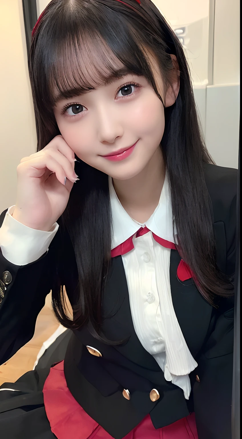 (Close up portrait of one girl with slender small breasts and long hair dull bangs in black blazer school uniform with red edging collar:1.5)、dim lighting, (smile :1.5)、(karaoke room:1.5)、(Perfect Anatomy:1.3)、(No mask:1.3)、(complete fingers:1.3)、Photorealistic、Photography、masutepiece、top-quality、High resolution, delicate and pretty、face perfect、Beautiful detailed eyes、Fair skin、Real Human Skin、((thin legs))、(Dark hair), (((open bresats:1.5))),