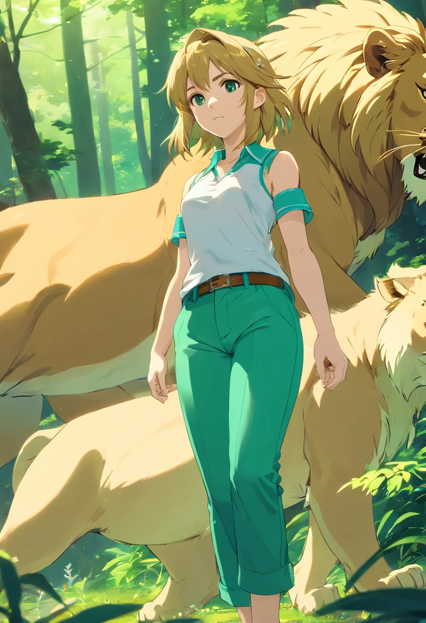 ((foto crua)), ((obra-prima)), zelda link Anthropomorphic humanoid lion bodybuilder, detalhe intrincado, intricate Greebles pieces, 12k, forest behind, muscular arms, Rabo, small head, giant trapezoid, Ogro monstruoso, Titan, soft-lighting, cabelos loiros, olhos amarelos, Wearing Green Pants, camisa azul, capa azul, bracelete dourado