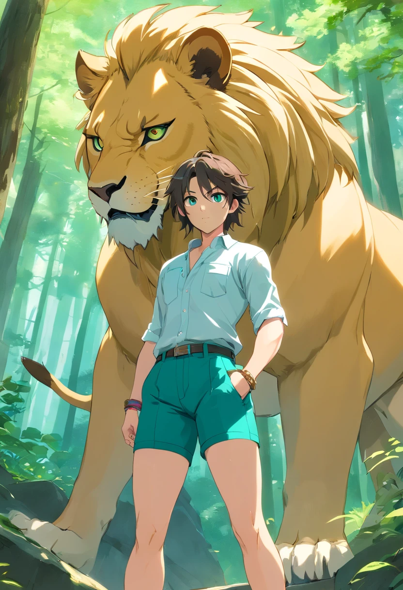 ((foto crua)), ((obra-prima)), zelda link Anthropomorphic humanoid lion bodybuilder, detalhe intrincado, intricate Greebles pieces, 12k, forest behind, muscular arms, Rabo, small head, giant trapezoid, Ogro monstruoso, Titan, soft-lighting, cabelos loiros, olhos amarelos, Wearing Green Pants, camisa azul, capa azul, bracelete dourado