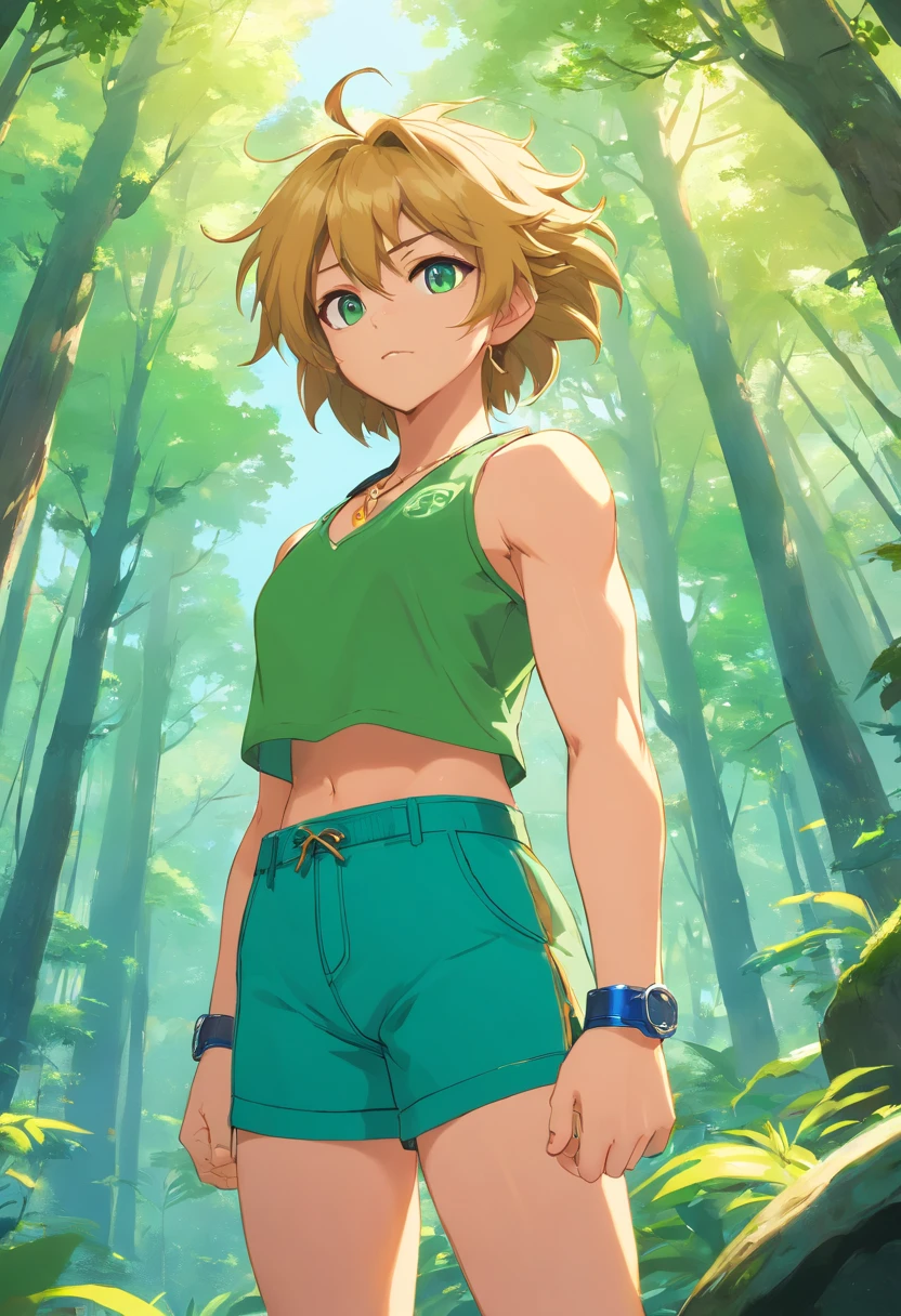 ((foto crua)), ((obra-prima)), zelda link Anthropomorphic humanoid lion bodybuilder, detalhe intrincado, intricate Greebles pieces, 12k, forest behind, muscular arms, Rabo, small head, giant trapezoid, Ogro monstruoso, Titan, soft-lighting, cabelos loiros, olhos amarelos, Wearing Green Pants, camisa azul, capa azul, bracelete dourado