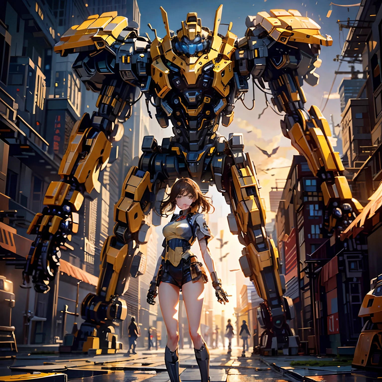 ((tmasterpiece,best qualtiy)),Large mechanical robot structure,1girl stands in front of the audience