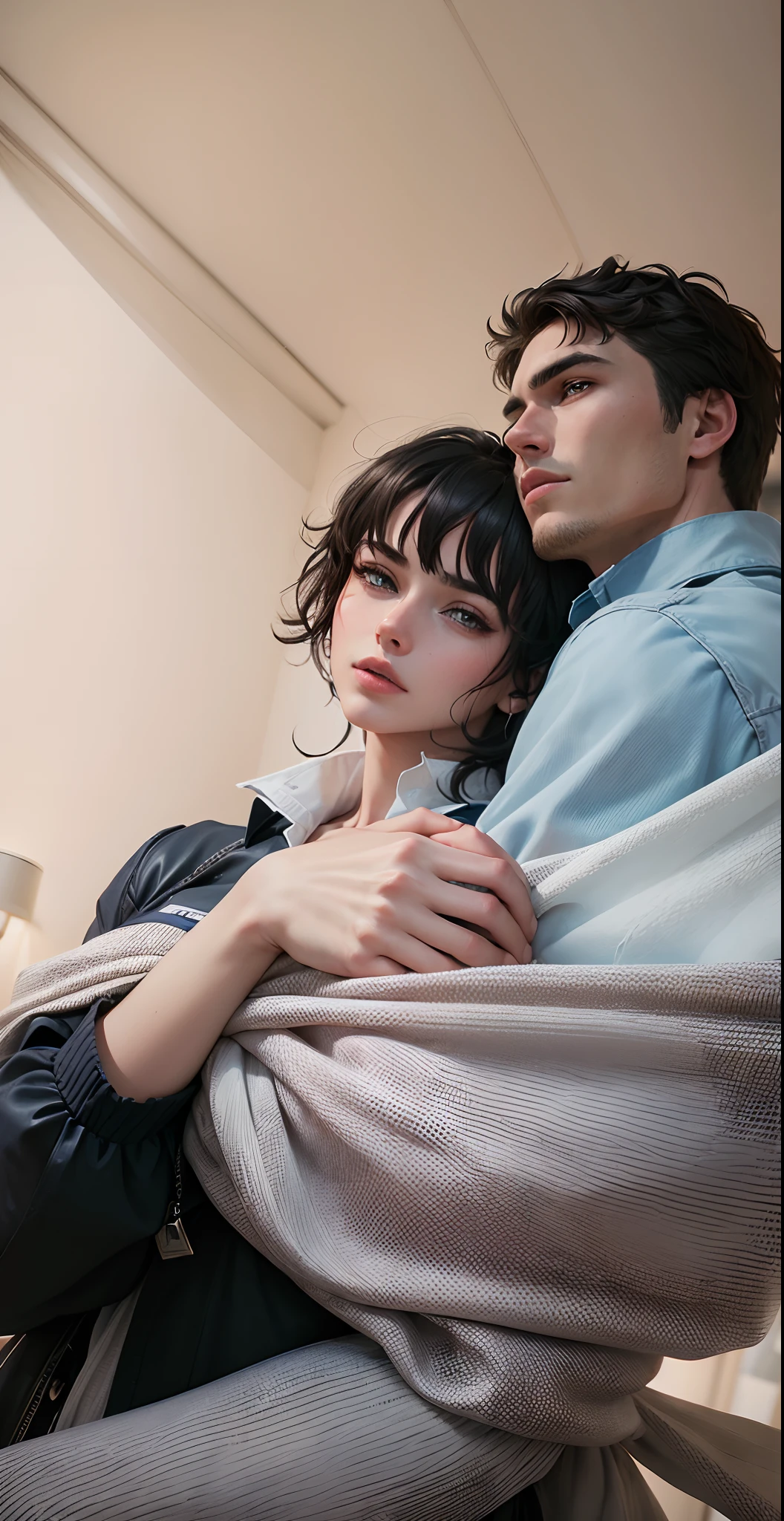 ((Highest quality, 8k, Masterpiece: 1.3)) produces ultra-high-resolution, photorealistic images of a young and attractive couple. A very handsome man with short hair and a bare shirt stands behind a woman and hugs her tightly with a look of fierce affection. La femme est timide. Leurs yeux sont bruns. The image is of the highest quality and should be a masterpiece and look like a photo.