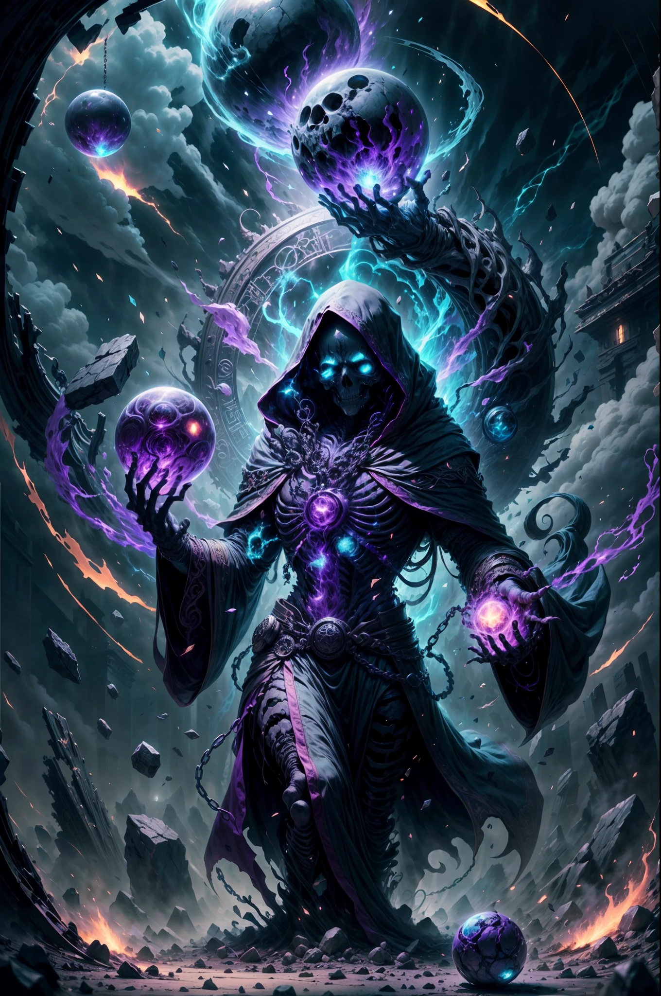 Dark Rune Astrologer,, Black Gold Astrologer,, magic void energy, Glowing eyes, Death Lightning, death energy ball floating on it's Bone Hand, Casting a Spell, Energy Splitting, Bone Hand, Wearing a luxurious cloak, Astral Lightning Floating, Land and rocks float with the power of astrology, detailed glowing runic line floating around, Bones and skulls littered the ground, Deep purple energy, floating in the air, e-chains®, Magic array on the ground,,detailed,Practical,4k highly detailed digital art,Octane Rendering, Bioluminescence, 8k resolution concept art, realism,Designed by Mappa Studio,masterpiece,best quality,Official Art,illustration,Clear lines,(Cool_color),Perfect composition,ridiculous, fantasy,concentrated,The third law
