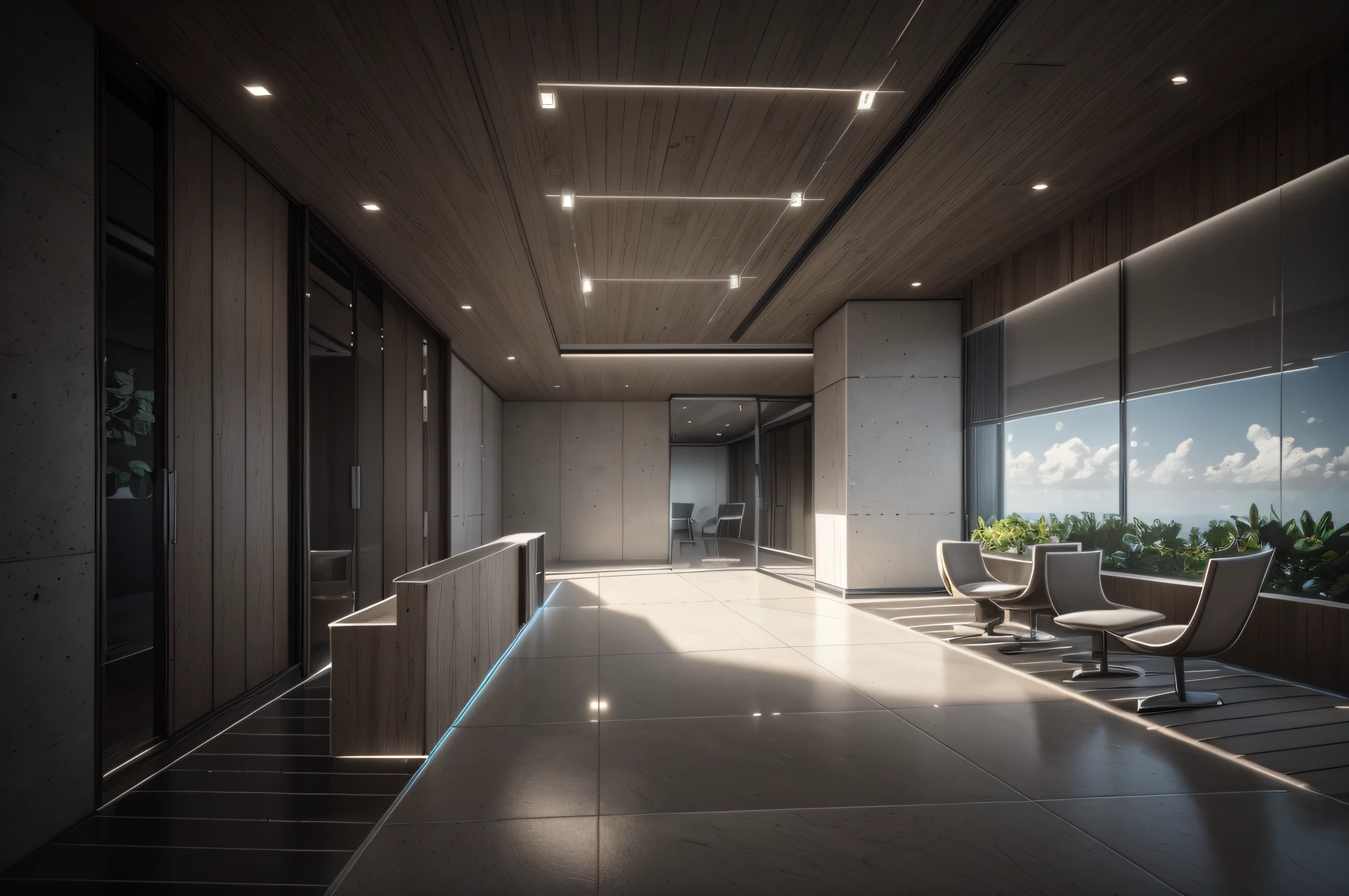 photo realistic, hd high res ultra high quality view ,white walls,grey concrete tiles floor, interior lights ,large glass windows, wooden door,trees,grass,plantation,plants,, perfect composition, beautiful detailed intricate insanely detailed octane render trending on attestation, 8 k artistic photography, photo realistic concept art, soft natural volumetric cinematic perfect light, chiaroscuro, award - winning photograph, masterpiece, 3d rendering, front view plan, realistic,hyper realistic, intricate detals,hd details,128k,(sharp lines)(use vivid multi dark colors)(3d rendering)