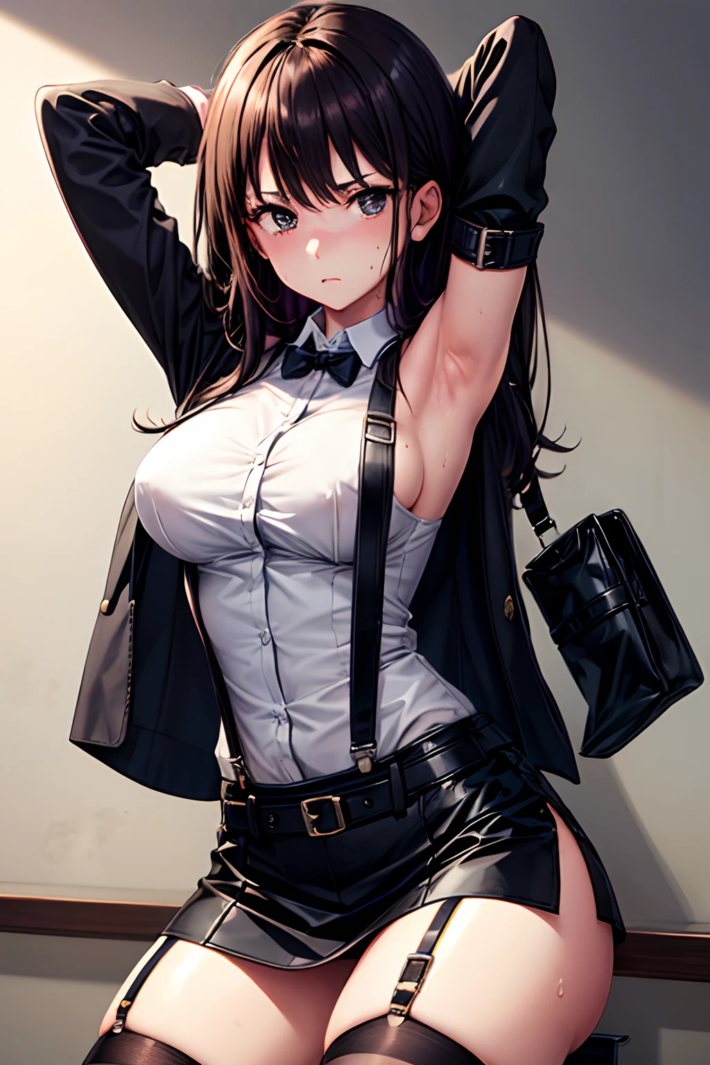 Suit,Collared shirt,Belt bag,Suspenders black mini skirt garterbelts knee high Stockings Black Niso Colorcon armpit sweat perspiring Side of both hands,Black jacket,Gaze,ample bosom,Armpit sweat,Exposing the armpits"Tight clothes handcuffs bet