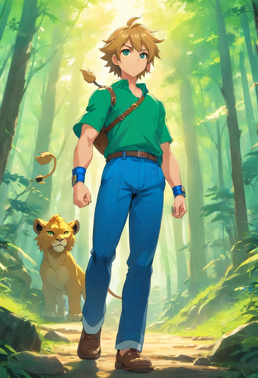 ((foto crua)), ((obra-prima)), link of Zelda version humanoid bodybuilder anthropomorphic lion, detalhe intrincado, intricate Greebles pieces, 12k, forest behind, muscular arms, Rabo, small head, giant trapezoid, Ogro monstruoso, Titan, soft-lighting, cabelos loiros, olhos amarelos, wearing green pants, camisa azul, Casaco azul, bracelete dourado