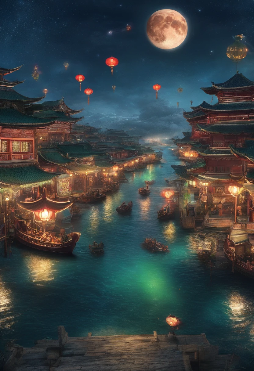 Vast night,the beautiful skyline,Vast ocean,Intense and dramatic imagery,the moving visual effects,A bright moon hangs high,Colorful natural light。A little boy sits on a lonely boat,Reaching out is a Chinese lamp,The green face is full of years,Look at the blue-cyan Kongming lanterns floating in the sky,The entire night sky is covered in blue-cyan,Green Lantern Night Tour