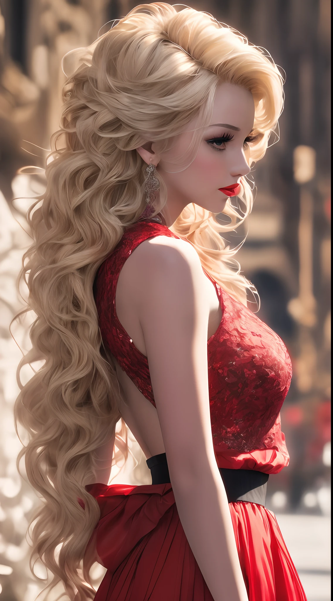Side profile,masterpiece, top quality, 8K, real person, realistic, very dense CG, shiny skin, fully focused, radiant, Marylin Monroe seductive look,red lips,bold and majestic look,, wearing a loose top, stylish design, mesmerizing look,bold and majestic look, Background England, beautiful and elegant lady