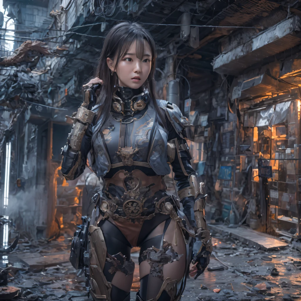 Mecha Female CG Giant Secret Realm，Asian woman poses in colorful futuristic matte armor, Realistic secret mech girl rendering, detailed face of a asian girl, Reality in the secret world, Smooth CG art, Realistic. Cheng Yi, Realistic secret style, A lovely secret rendering, Rendu portrait 8k, Render character art 8 K, Realistic portrait of a mecha woman， （Linen batik scarf）， Angry fighting stance， looking at the ground， Batik linen bandana， Mecha Female Secret Realm（Abstract propylene splash：1.2）， Dark clouds lightning background，废墟（realisticlying：1.4），Black color hair，Flour fluttering，Telephoto lens high， A high resolution， the detail， RAW photogr， Sharp Re， Nikon D850 Film Stock Photo by Jefferies Lee 4 Kodak Portra 400 Camera F1.6 shots, Rich colors, ultra-realistic vivid textures, Dramatic lighting，8K quality, Girls，Backstreets， Dark clouds lightning background（realisticlying：1.4），Black color hair，Uncharted， RAW photogr， Sharp Re， Nikon D850 Film Stock Photo by Jefferies Lee 4 Kodak Portra 400 Camera F1.6 shots, Rich colors, ultra-realistic vivid textures, Drama light film CG agency，Tropical canyon battle scene、Mecha woman、Faraway view、intense battles、high detal、masuter piece、NSFW，Mecha Woman Doomsday Ruins（Uncharted）Climb the streets（Armageddon）eyes filled with angry，Clenched his fists