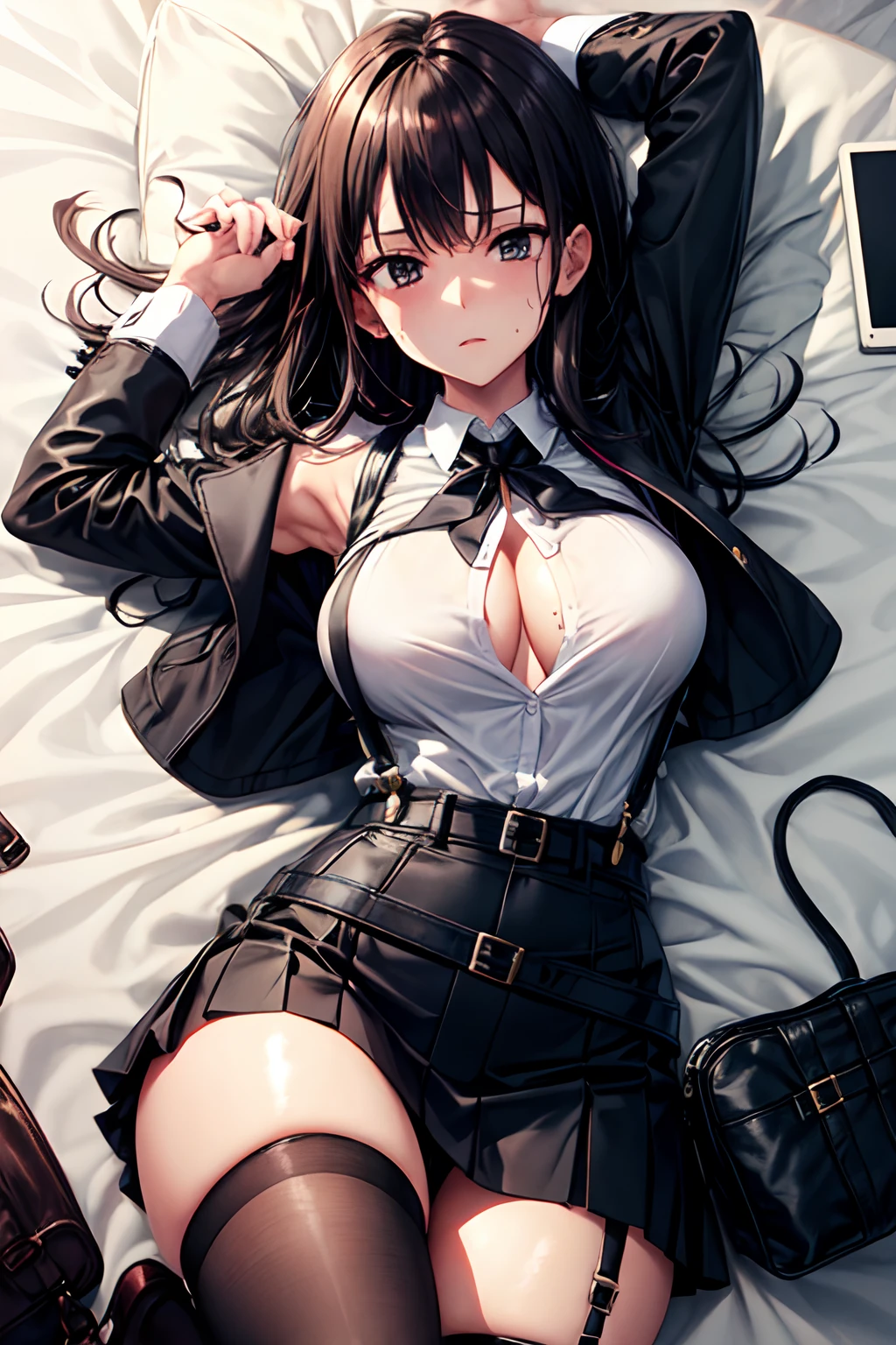 Suit,Collared shirt,Belt bag,Suspenders black mini skirt　garterbelts　knee high　Stockings　Black Niso　Colorcon armpit sweat　perspiring　Side of both hands,Black jacket,Gaze,ample bosom,Armpit sweat,Exposing the armpits"Tight clothes handcuffs　bet