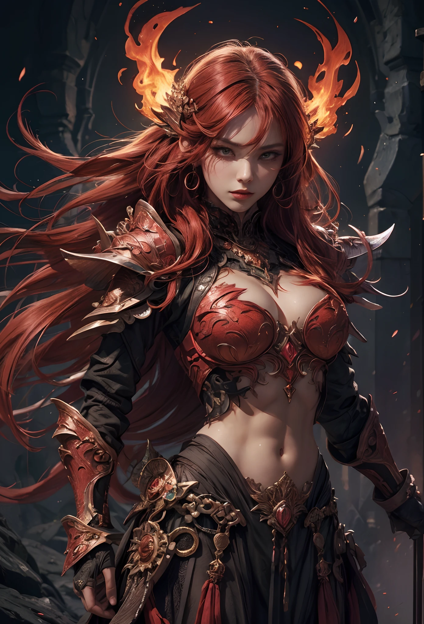 (Detailed illustrations,Very detailed and detailed drawing,Delicate lines with slow and rapid,Realistic texture expression),[Color tressed main line],[Lava cave background [Hot hell:0.4]],HENAI ANIME (Red-skinned DemonGirl 19 years old slender muscular) Flame hair (Devil's Knight:0.8),(Bone armor [crack in the chest:0.6] [Blade of Fresh Blood:0.4]) (edg),[[Dark Fantasy]],(Intricate and beautiful decoration [Dense detail]),(Fine and beautiful skin expression [Transparency]),[Perfect eye details (Iris beautifully drawn in every detail)[Jewel-like eyes]],[long and beautiful eyelashes],[Meticulously drawn hair [More on beautiful and shiny hair]],(Perfect hand details [Beautiful fingers without breakdowns [Beautiful nails]]),(Perfect Anatomy (Perfectly proportioned)) [[Full body like]],[Ideal color coordination(Accurate simulation of light-material interactions)],(HighQuality,[Precision Detail] hight resolution,(detaileds,high-detail)),[Visual art that conveys a sense of narrative].