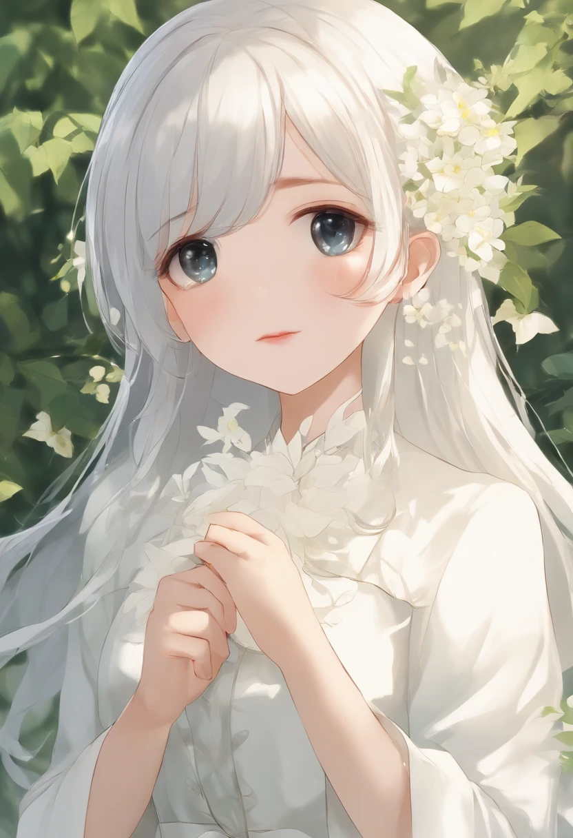 (top-quality, ​masterpiece), girl with, Anime, girl with, wall-paper, the woods, Yellowish jungle, kirakira, robe blanche, Vitido Color:White the, Particle, the wind, Petalas, faces, Simple light background, Checkerboard background, Minimalist background, Small background, look at viewr, Albina.