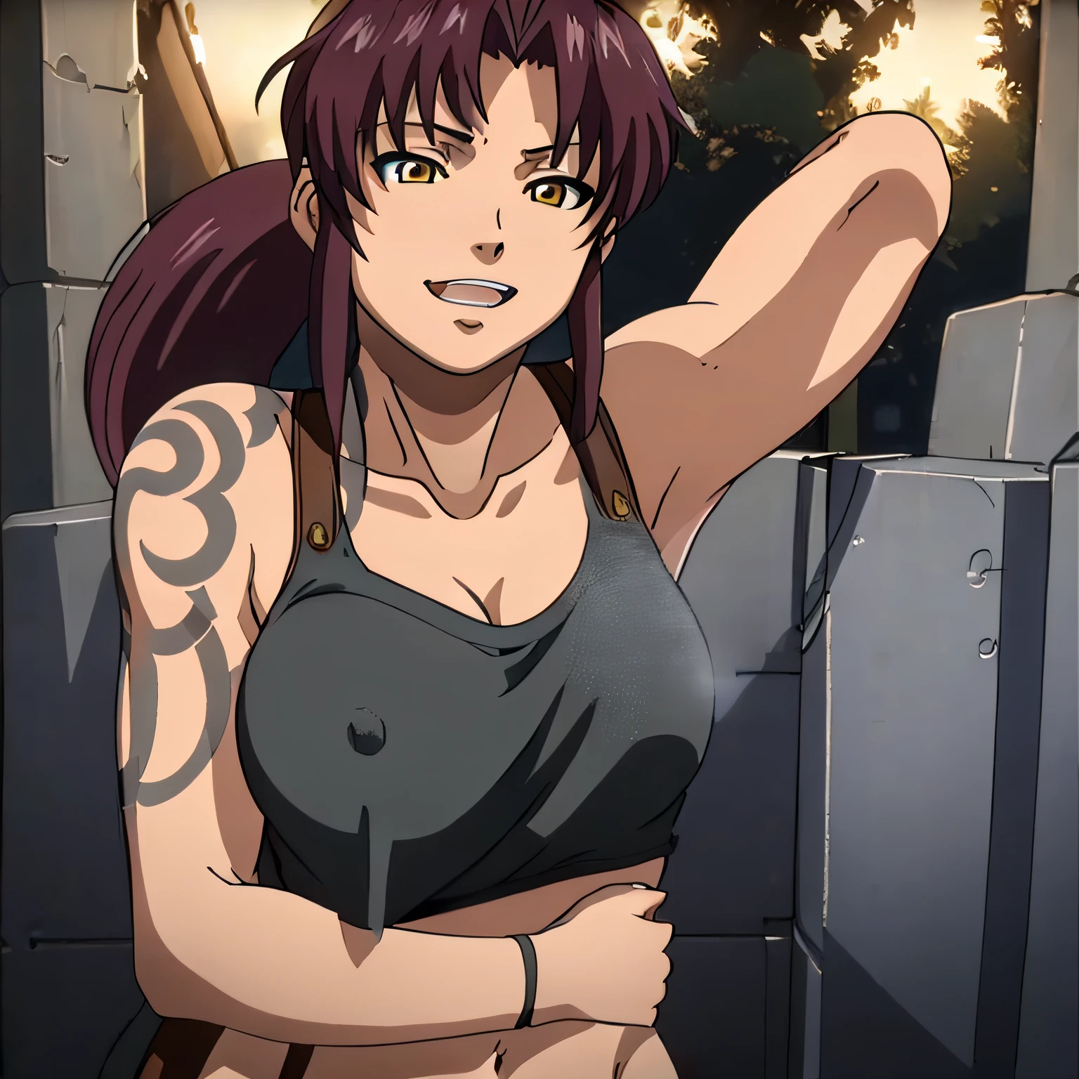 masterpiece,high quality,solo,outdoors, smirk,open mouth,, revy,1woman, long hair,ponytail,brown hair,yellow eyes,tattoo,shoulder tattoo,arm tattoo, collarbone,cleavage,breasts,bare shoulders,black tank top,shoulder holster, midriff,, breasts, armpits, ,nude, desnudo