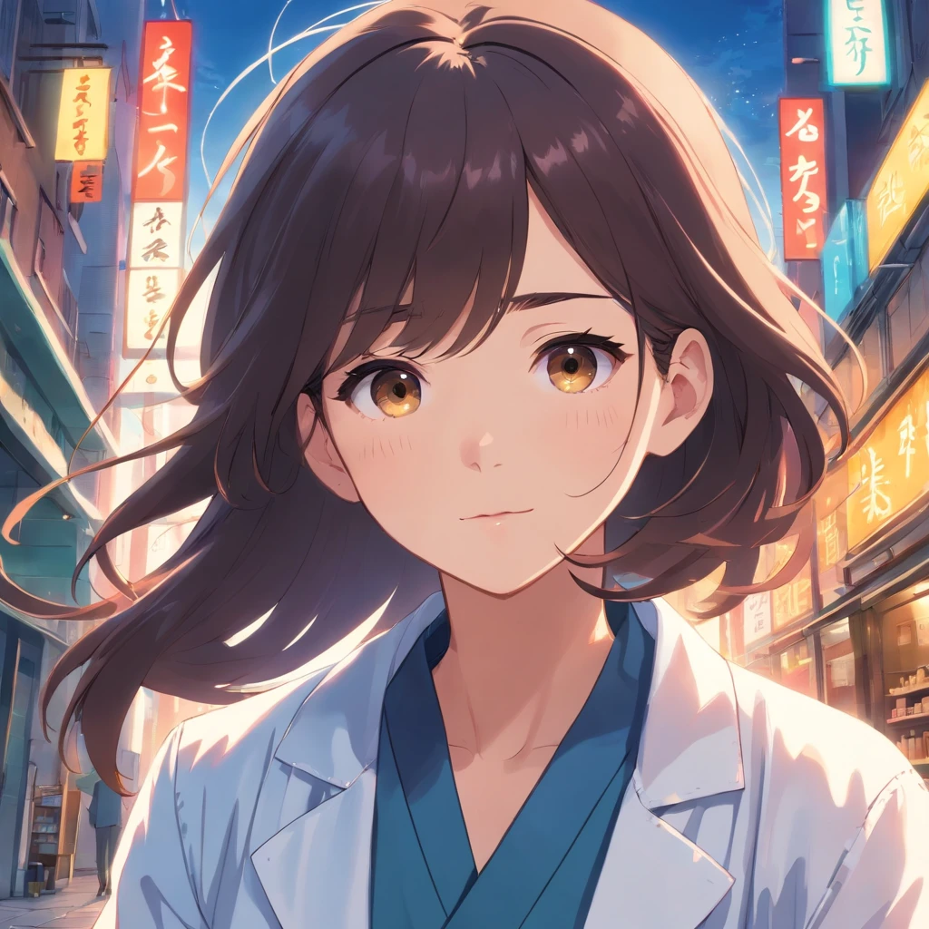 girl with、Dark hair、white lab coat、apothecary、drug、​masterpiece、top-quality、Movie stills、1girl、Loose