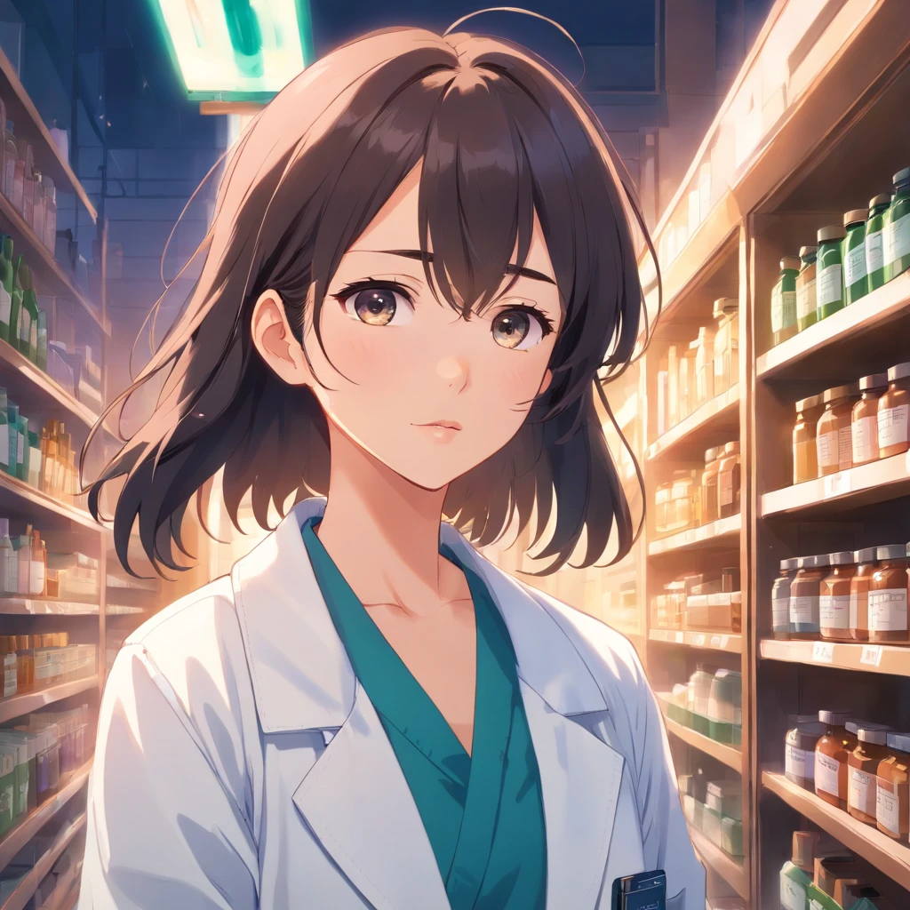 girl with、Dark hair、white lab coat、apothecary、drug、masterpiece、top-quality、Movie stills、1girl、Loose