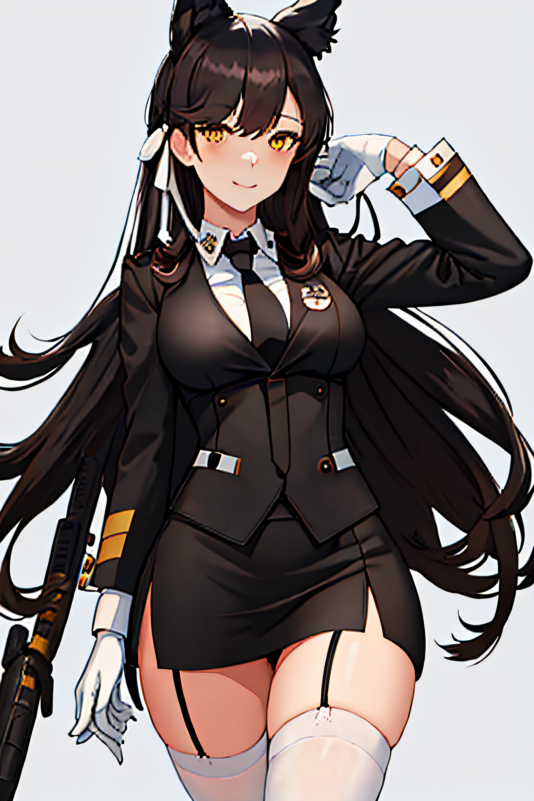 best quality, masterpiece, highres, solo, {atago_azurlane:1.15}, animal_ears, long_hair, black_hair, bangs, extra_ears, mole, mole_under_eye, breasts, large_breasts, ribbon, smile, brown_eyes, white_ribbon, hair_ribbon, blush, swept_bangs, closed_mouth, yellow_eyes, 1girl, gloves, looking_at_viewer, skirt suit, (((three-piece suit))), (((necktie))), blazer, (((suit jacket))), (((waistcoat))), double-breasted waistcoat, bodycon miniskirt, pencil skirt, simple_background, office lady, white_background, buttons, long_sleeves, upper_body,