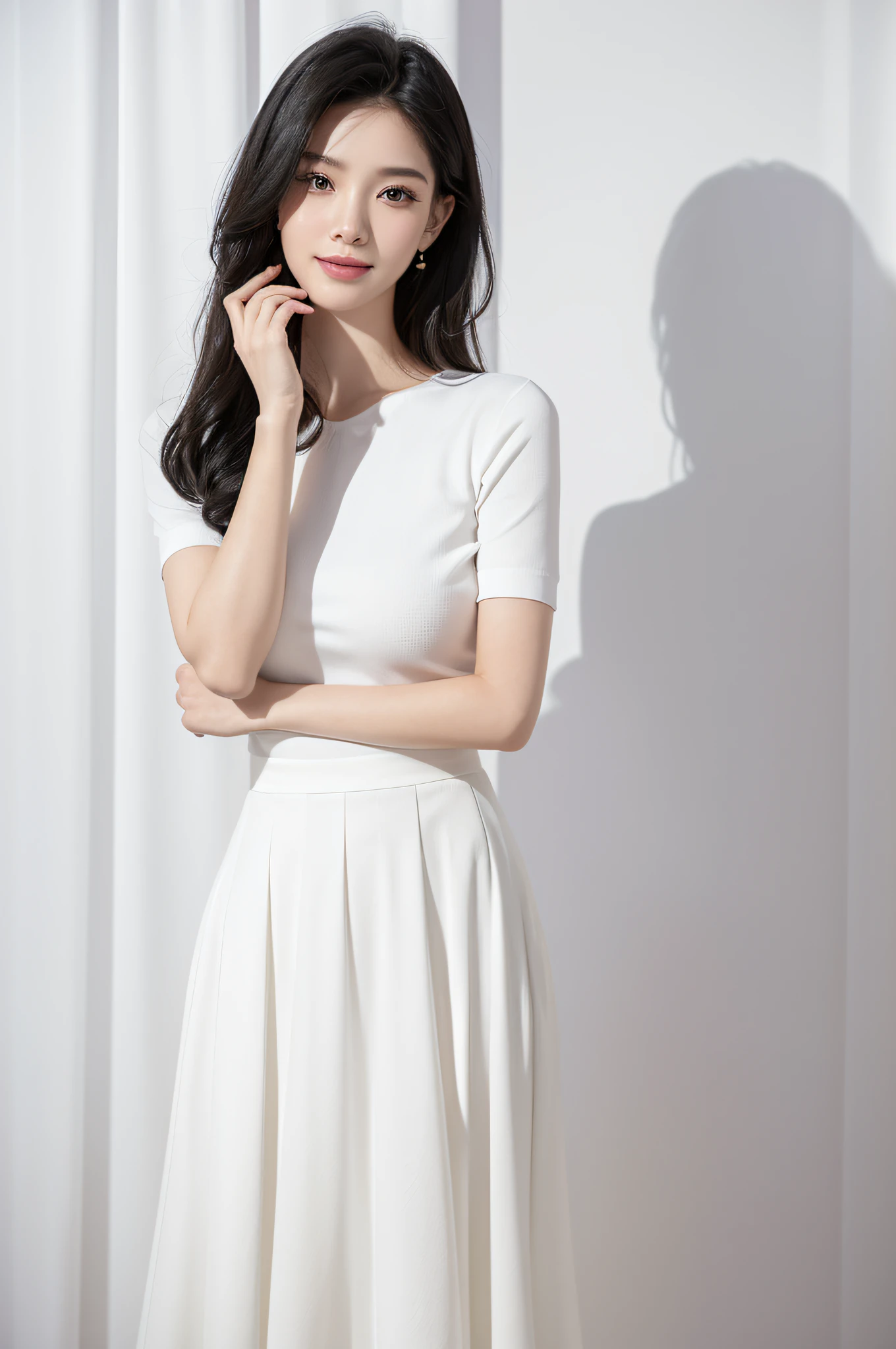 Best quality at best,tmasterpiece,very fine and beautiful,The is very detailed,8k,((A woman who is)),((mannequin)),((Have temperament)),black color hair,Smile sweetly,Fine skin,foco nítido,nice hand,((standing on your feet)),action((Gently stroke your face)),Ruffle your hair,((White short sleeve long skirt)),((Side head)),((Professional soundstage)),((White curtain background)),((Professional lighting))