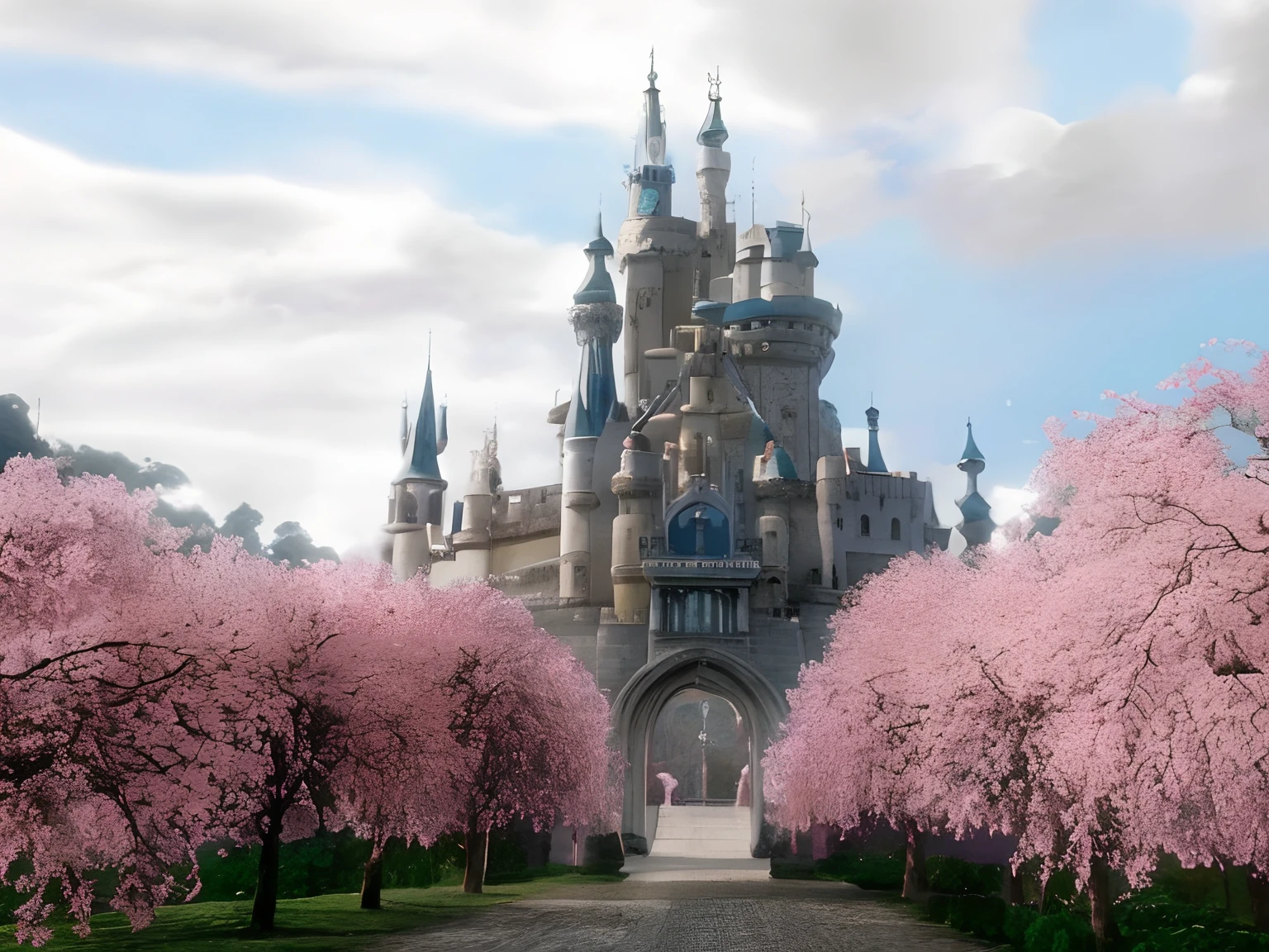 There are many pink trees in front of a castle with a clock tower, beautiful render of a fairytale, Castelo bonito, Castelo da Fantasia, background is disneyland castle, Dentro de seu castelo VR surreal, muito longe castelo steampunk real, lugar de conto de fadas, from alice in wonderland, alice in wonderland 3 d, Pintura fosca elaborada, fantastical setting, magic castle, fundo do castelo