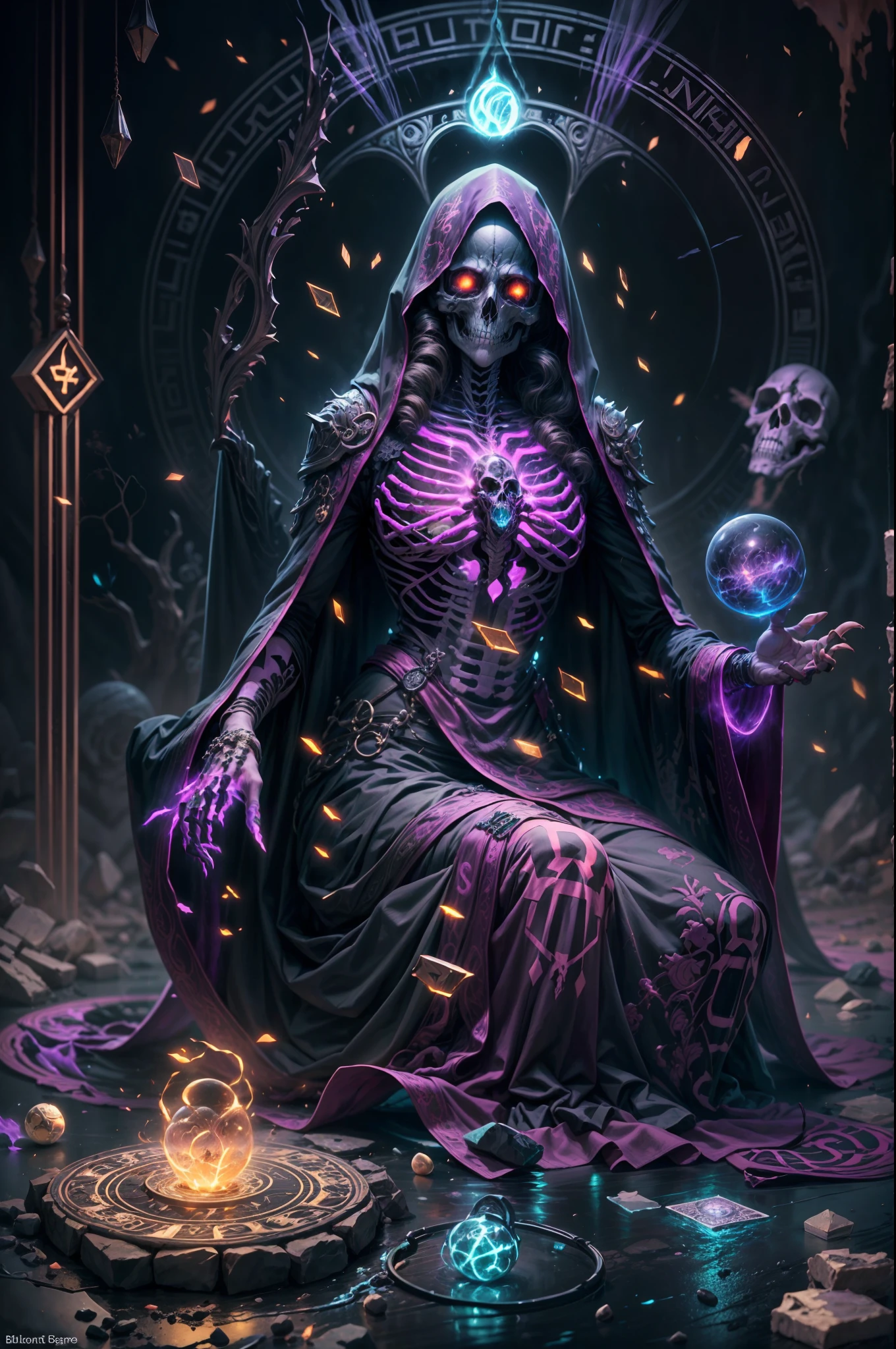 A litch that looks like a female version of mum-rah from thunder cats. Casting a Necromancer spell 