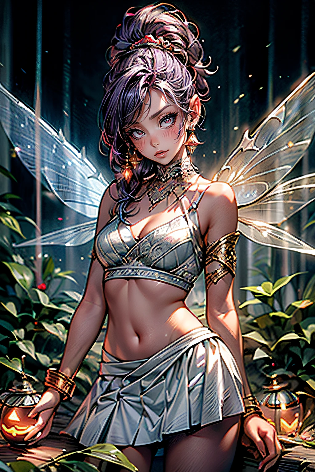 (masterpiece, best quality, supeior quality, intricate details, beautiful, aesthetic:1.2), extremely detailed cg unity 8k wallpaper, sharp focus, high quality, 8k, RAW, ultra details, extremely dellicate and beautiful, real shadow, (challenging look), photorealistic, highly detailed painting, award winning painting, marvelous painting, artistic style, stylized, 1girl, armlet, bare shoulders, red eyes, teashades , bracelet, large breasts, crop top, earrings, fairy, fairy wings, forest, greek, jack-o'-lantern, lantern, lips, long hair, long skirt, looking at viewer, midriff, nature, navel, (night:1.5), outdoors, (purple hair), solo, standing, tree, white skirt, fairy wings, hentai