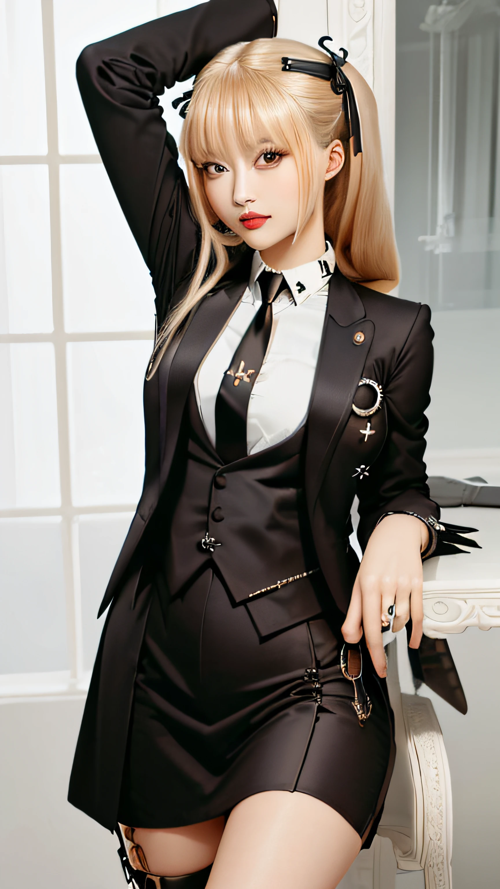 masterpiece, best quality, simple background, detailed beautiful face,
mariarosedress, 1girl, solo, looking at viewer, upper body, skirt suit, (((three-piece suit))), (((necktie))), blazer, (((suit jacket))), (((waistcoat))), double-breasted waistcoat, bodycon miniskirt, pencil skirt,