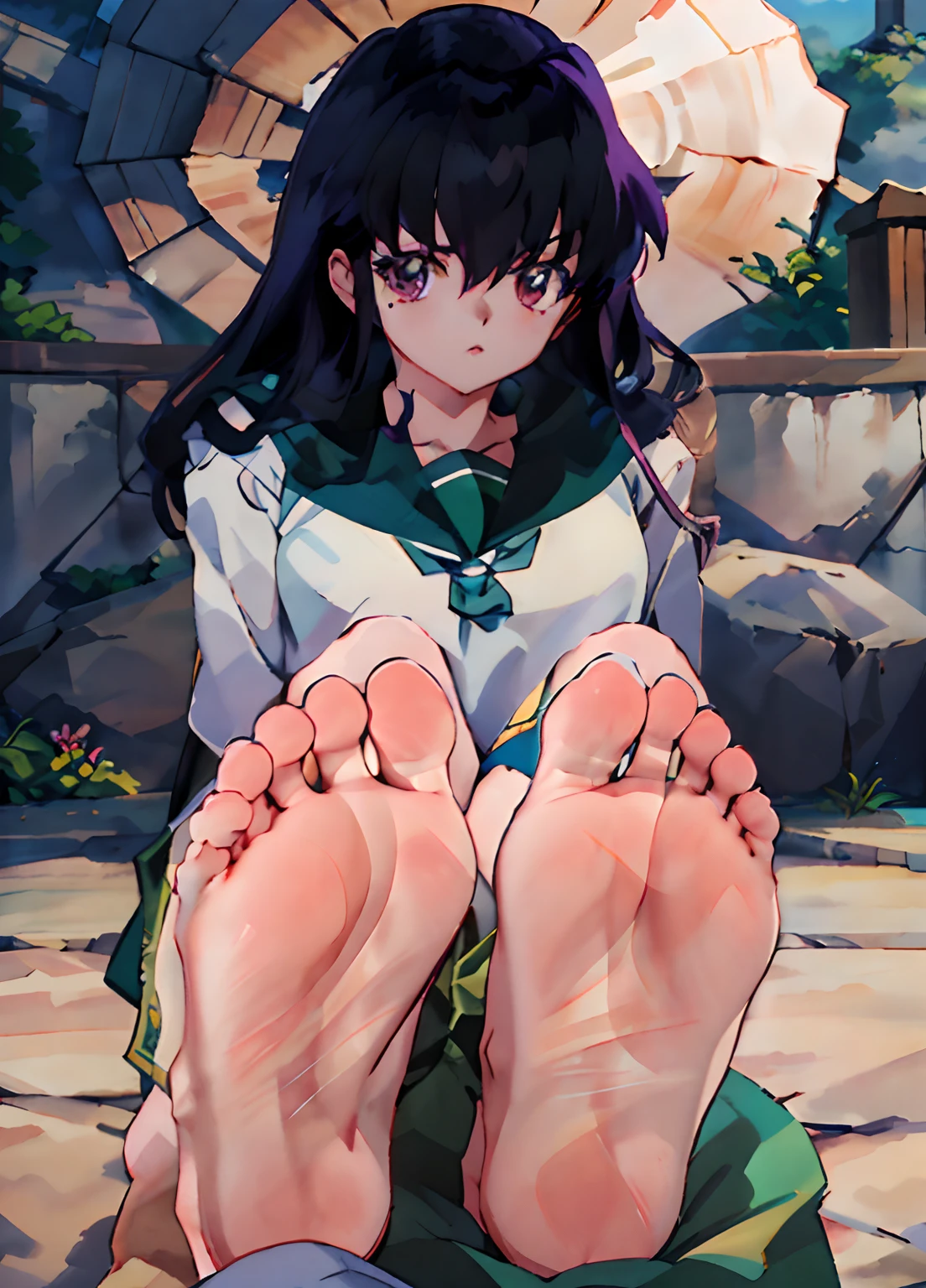 There is a drawing of a woman sitting on the ground, high soles, big legs, feet posing, Commission for high resolution, low resolution, full body commission for, detailed legs towering over you, detailed legs looming over you, Foot Art POV, oc commission, small legs, Detailed legs、Kagome Higurashi、sole of feet、Sweaty feet、bare-legged