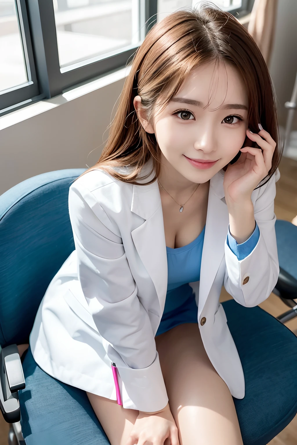 Female doctor in white coat、1Man Woman、(Smile Face:1.1)、Slim Face、The most beautiful women in the world、hyperdetailed face、Detailed eye、二重まぶた、Kamimei、perfect teeth、Perfect tooth alignment、(glistning skin)、(sun-kissed skin)、(real looking skin)、Blurred background、full body Esbian、frontage、Slim Face、Brightly colored clothing、Sit in a chair in the exam room、Wear a stethoscope、From above、a miniskirt、beautiful hairl、I can see the cleavage、Full Body Pose、(pureerosface_v1:0.8)、a small face、ssmile、A sexy、hide one's hands