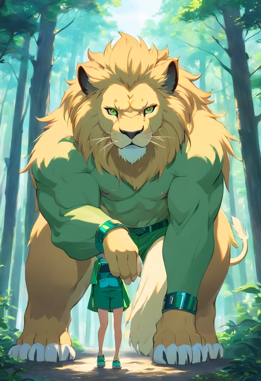 ((foto crua)), ((obra-prima)), Link Version Humanoid Bodybuilder Anthropomorphic Lion,furry, detalhe intrincado, 12k, forest behind, muscular arms, Rabo, small head, giant trapezoid, Ogro monstruoso, Titan, soft-lighting, cabelos loiros, olhos amarelos, wearing green pants, camisa azul, Casaco azul, bracelete dourado