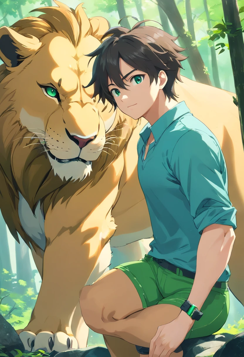 ((foto crua)), ((obra-prima)), Link Version Humanoid Bodybuilder Anthropomorphic Lion,furry, detalhe intrincado, 12k, forest behind, muscular arms, Rabo, small head, giant trapezoid, Ogro monstruoso, Titan, soft-lighting, cabelos loiros, olhos amarelos, wearing green pants, camisa azul, Casaco azul, bracelete dourado