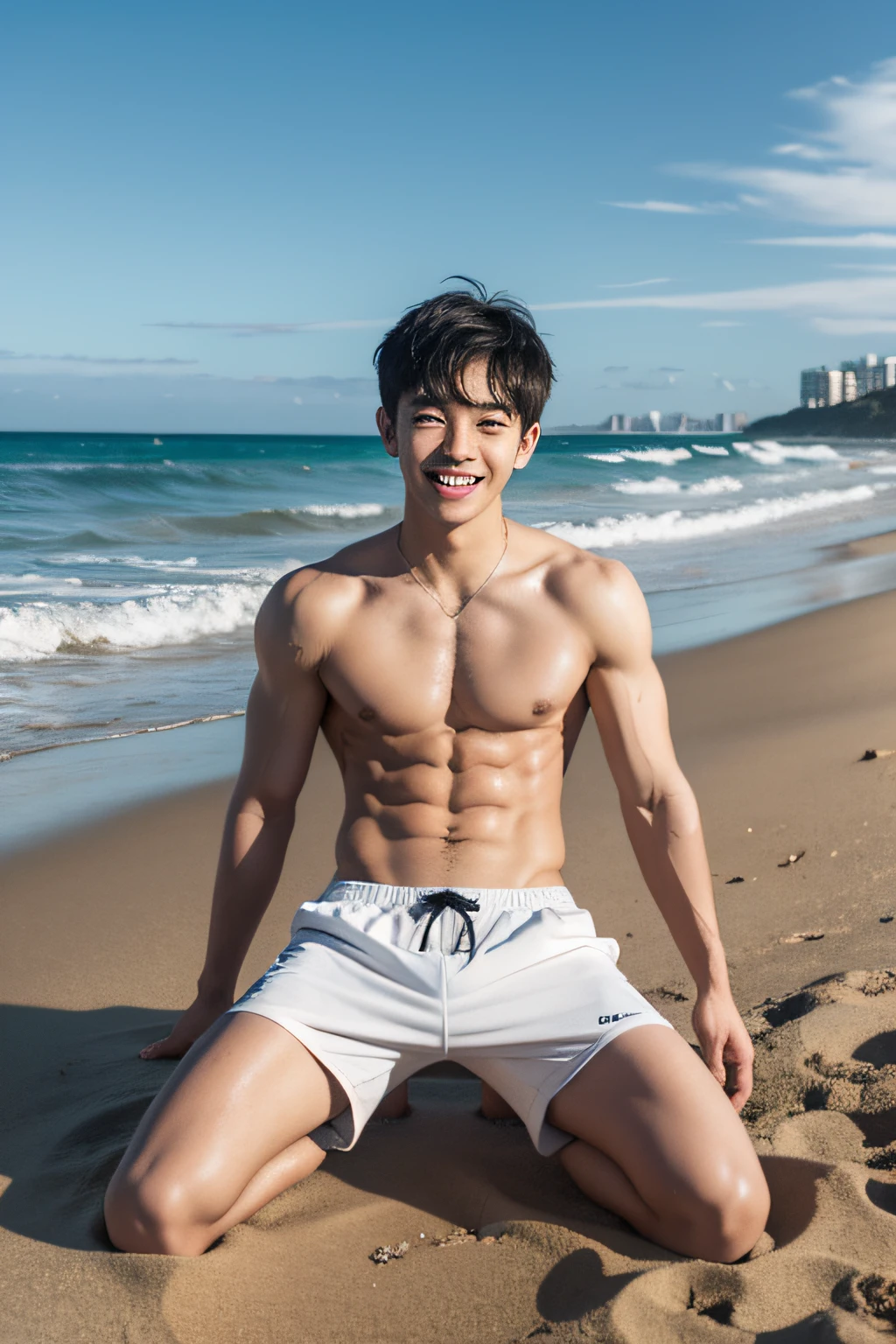 A 16 year old boy on the beach,Naked upper body, Wearing gym shorts, whitestocking, Wear sneakers, stand on sand,Wearing sweat, There are abs, junior school student, Differential crushing cap, rough breath, Black hair, Messy hair, High nasal bridge bones,largeeyes,smiling expression,modern, Eye level shots, hyper HD, Masterpiece, ccurate