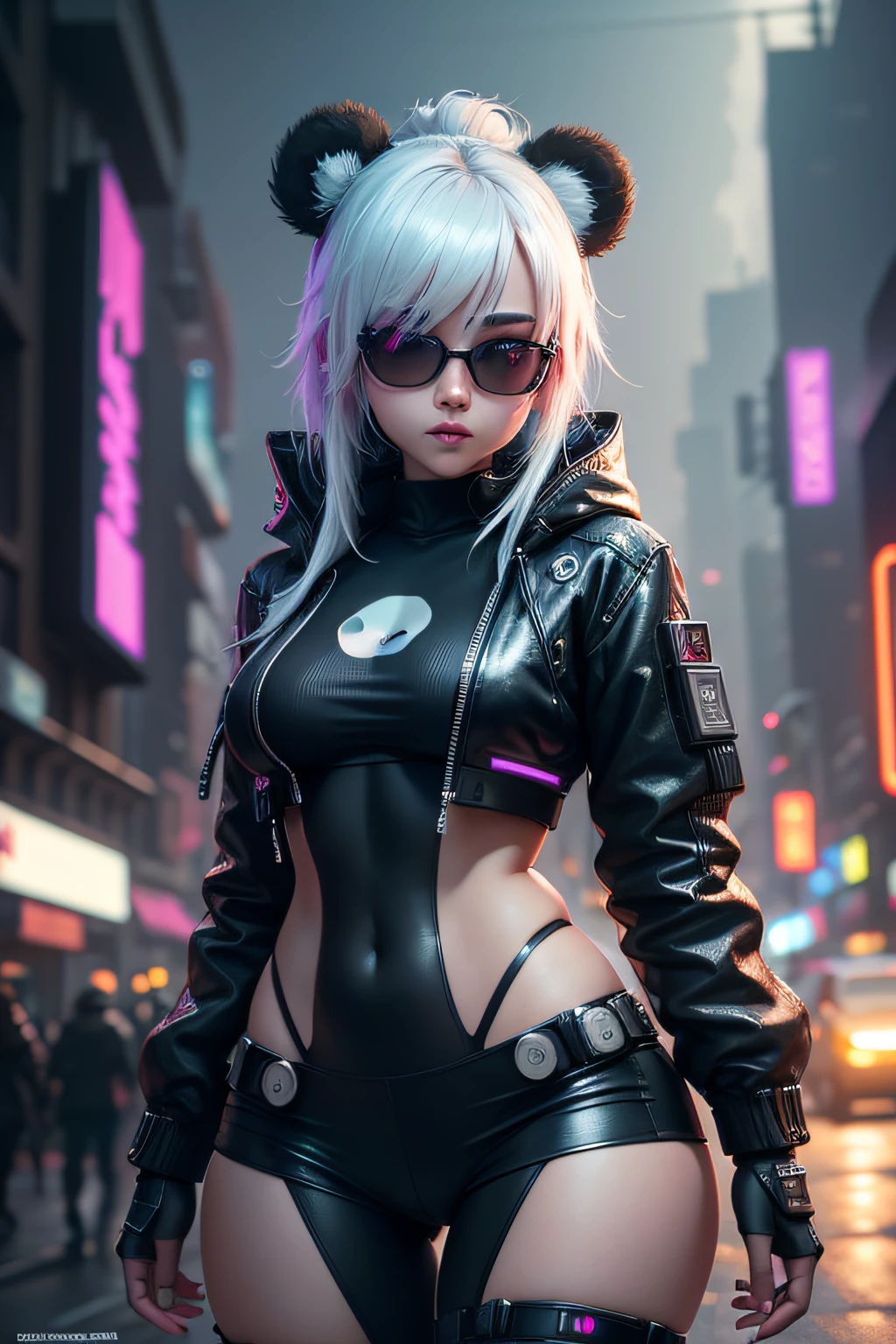 a very cute panda face, wearing cyberpunk outfit, detailed outfit, detailed body (reality: 1.4), (A hyper-realistic), (high resolution), (8K), (highly detailed), ( Best Illustration), (detailed eyes), (ultra-detailliert), Bright lighting, Professional Lighting, The background is cyberpunk city.