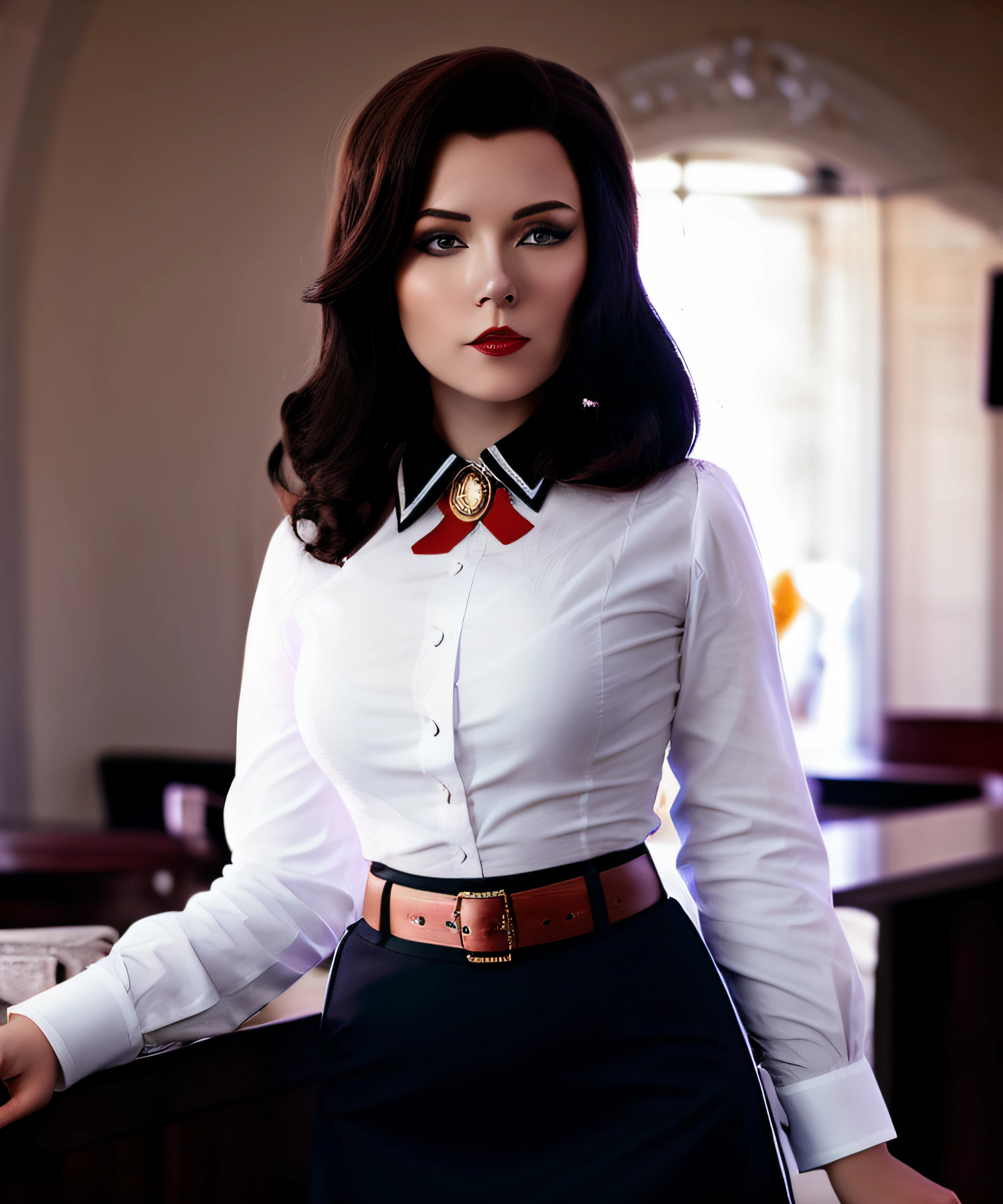 a cute girl, Elizabeth Comstock, buttoned shirt, blouse, belt, skirt, lace stockings, posing, by conor harrington, cinematic, hdr