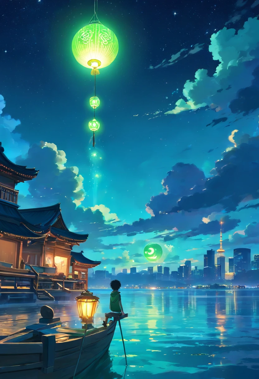 Vast night，the beautiful skyline，Vast ocean，Intense and dramatic imagery，the moving visual effects，A bright moon hangs high，Colorful natural light。A little boy sits on a lonely boat，Reaching out is a Chinese lamp，The green face is full of years，Look at the blue-cyan Kongming lanterns floating in the sky，The entire night sky is covered in blue-cyan，Green Lantern Night Tour