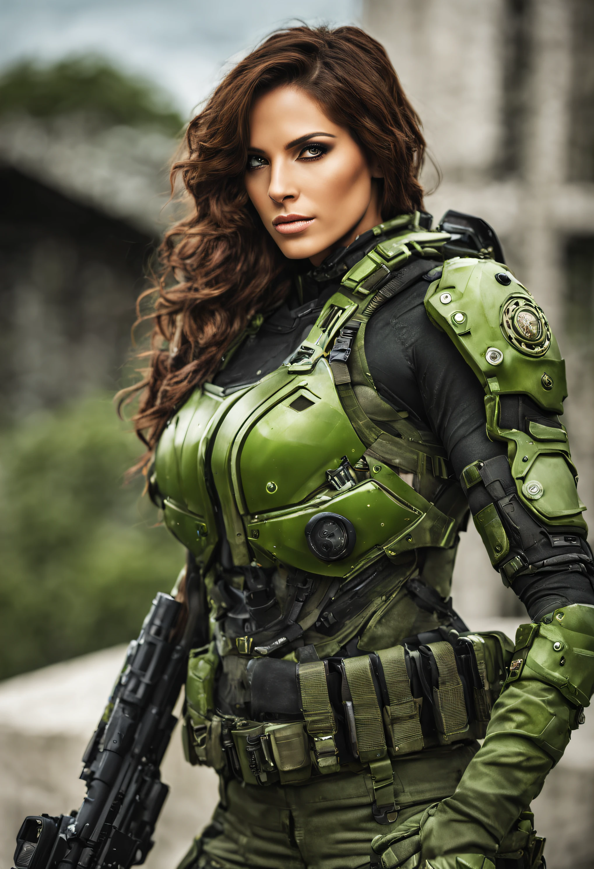 cuerpo entero, la escultural y bellisima alicia varela de gears of war, de ojos supergrandes en relacion a su cara , con el iris de color verde brillante, con su sexy uniforme militar de combate, se encuentra en una ciudad con sus edificios semiderruidos.