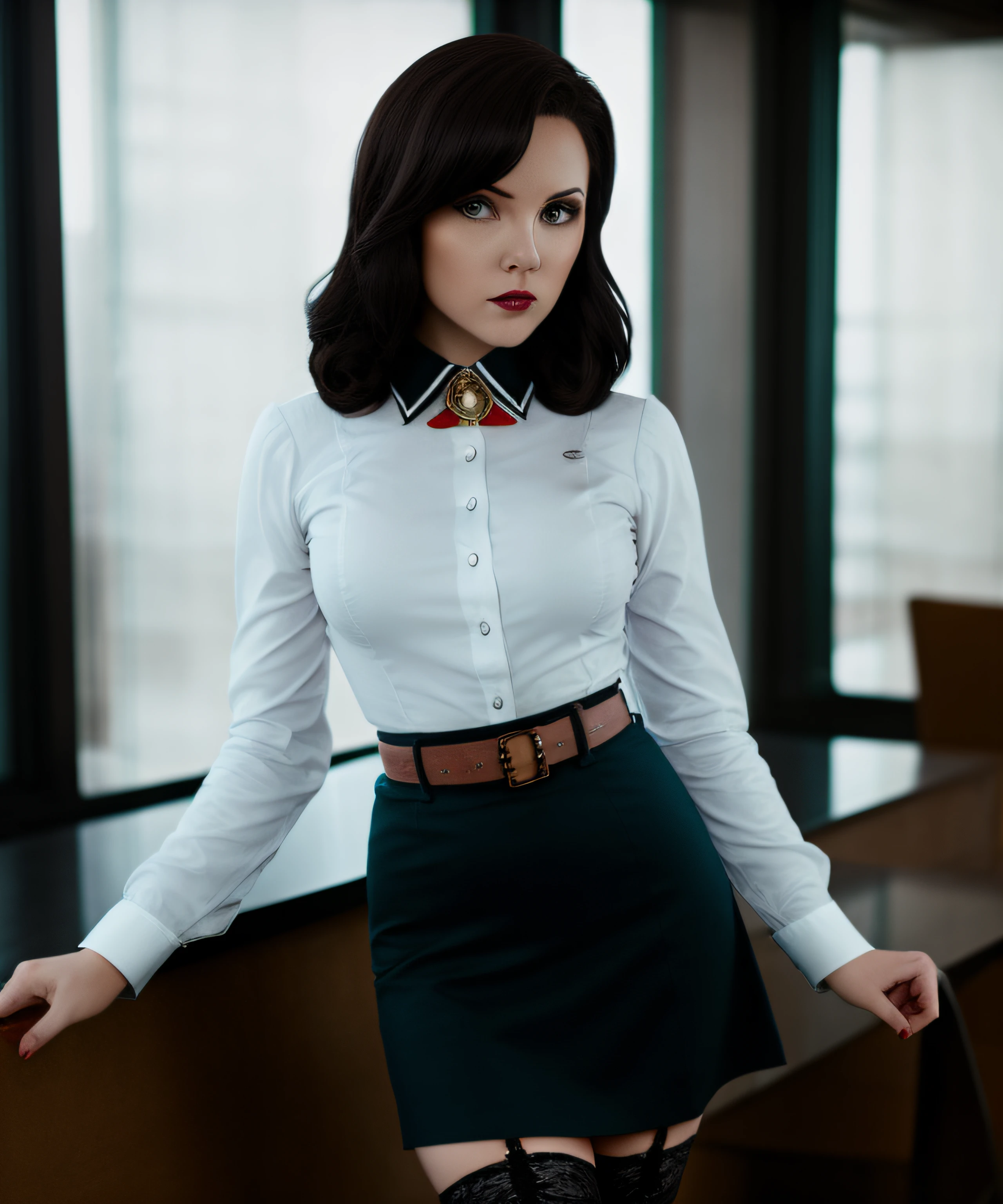 a cute girl, Elizabeth Comstock, buttoned shirt, blouse, belt, skirt, lace stockings, posing, by conor harrington, cinematic, hdr