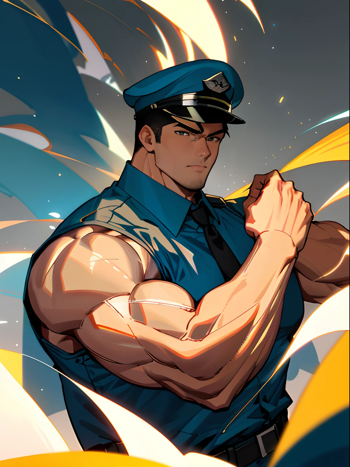best qualtiy, tmasterpiece, 超高分辨率, detailedbackground, photorealestic, illustratio, Single, 1 boy, Muscle men, armed policeman, the street, musculature, Handsome and mature face shape, Volumetriclighting, depth of fields, Camouflage police uniform,Bare upper body