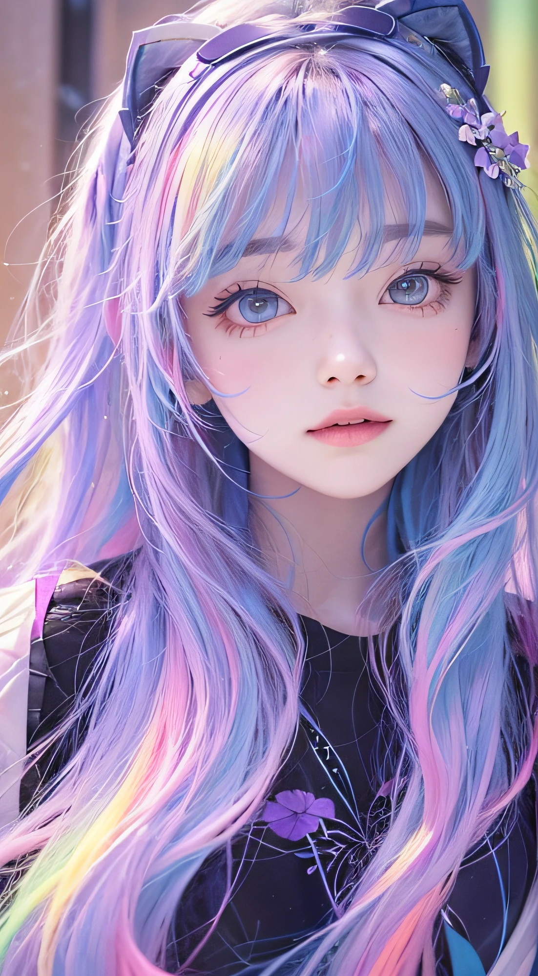 directly in front、Aurora Hair、Blue violet、Forward-facing、frontage、Brighten your face、Hair Aurora Borealis、Face up、Lip Clear、Clear lips、Block Aurora Borealis、directly in front、Luminescent、directly in front、smart、It features a simple、directly in front、directly in front、formal clothes、Read the news、Beautie、Aurora、rainbow、front facing、Does not oblique、gradients