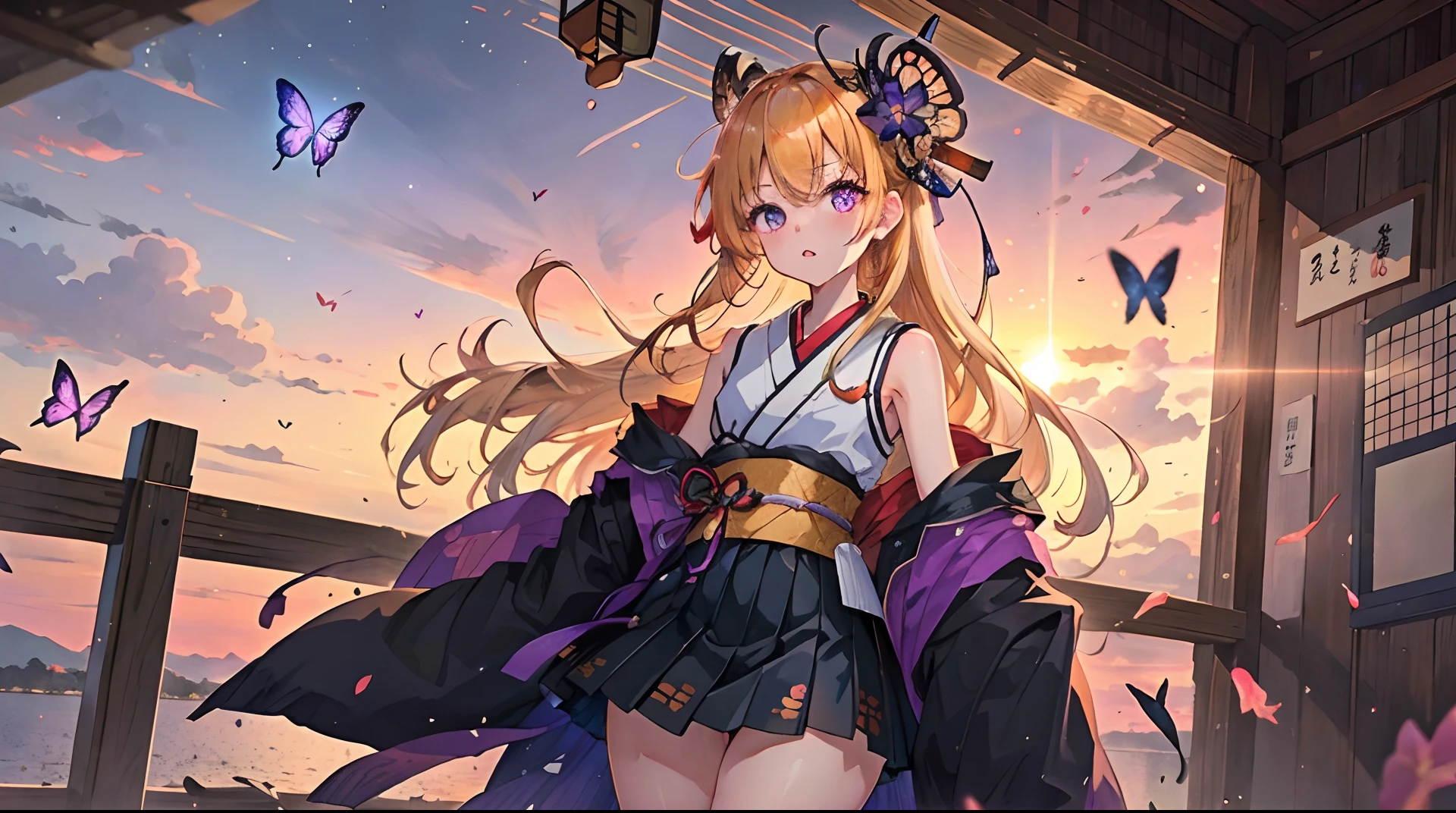 kochou shinobu, 1girl in,masutepiece, multicolored hair,Sleeveless, Purple eyes, Black jacket,Black skirt,uniform, White haori, , Multiple butterflies, , laked sunset, Lens Flare, Perfect Lighting, Highest Quality, Hands behind, thick thighs, tiny chest, Highest Quality, High resolution.