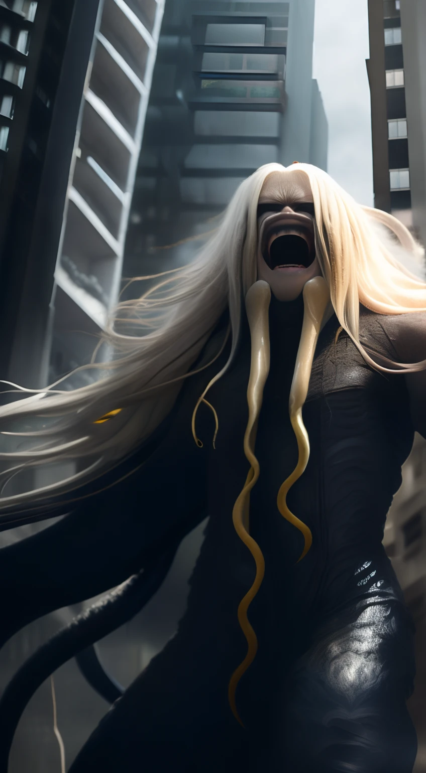 High quality, Masterpiece, Giant octopus fusion, long  white hair, The skin is completely dark, Yellow eyes, Hachijo tentacles, Maniacal laughing expression, Stand on top of a skyscraper, with intense rain，thunders, full bodyesbian.