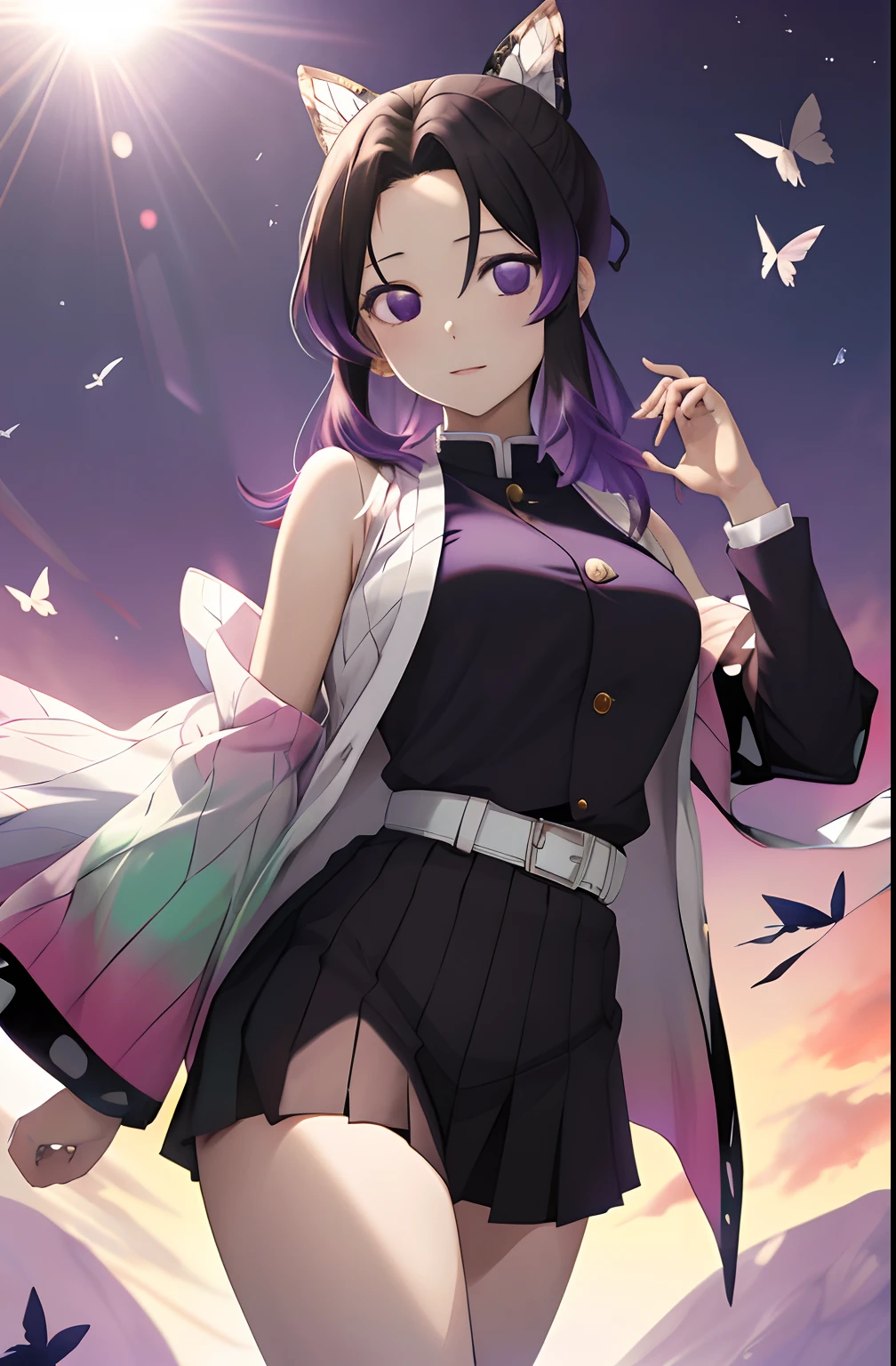Kochou Shinobu, 1girl,masterpiece, multicolored hair,sleeveless, purple eyes, black jacket,black skirt,uniform, white haori, , multiple butterflies, , laked sunset, lens flare, perfect lighting, highest quality, hands behind, thick thighs, medium breasts, highest quality, high resolution.