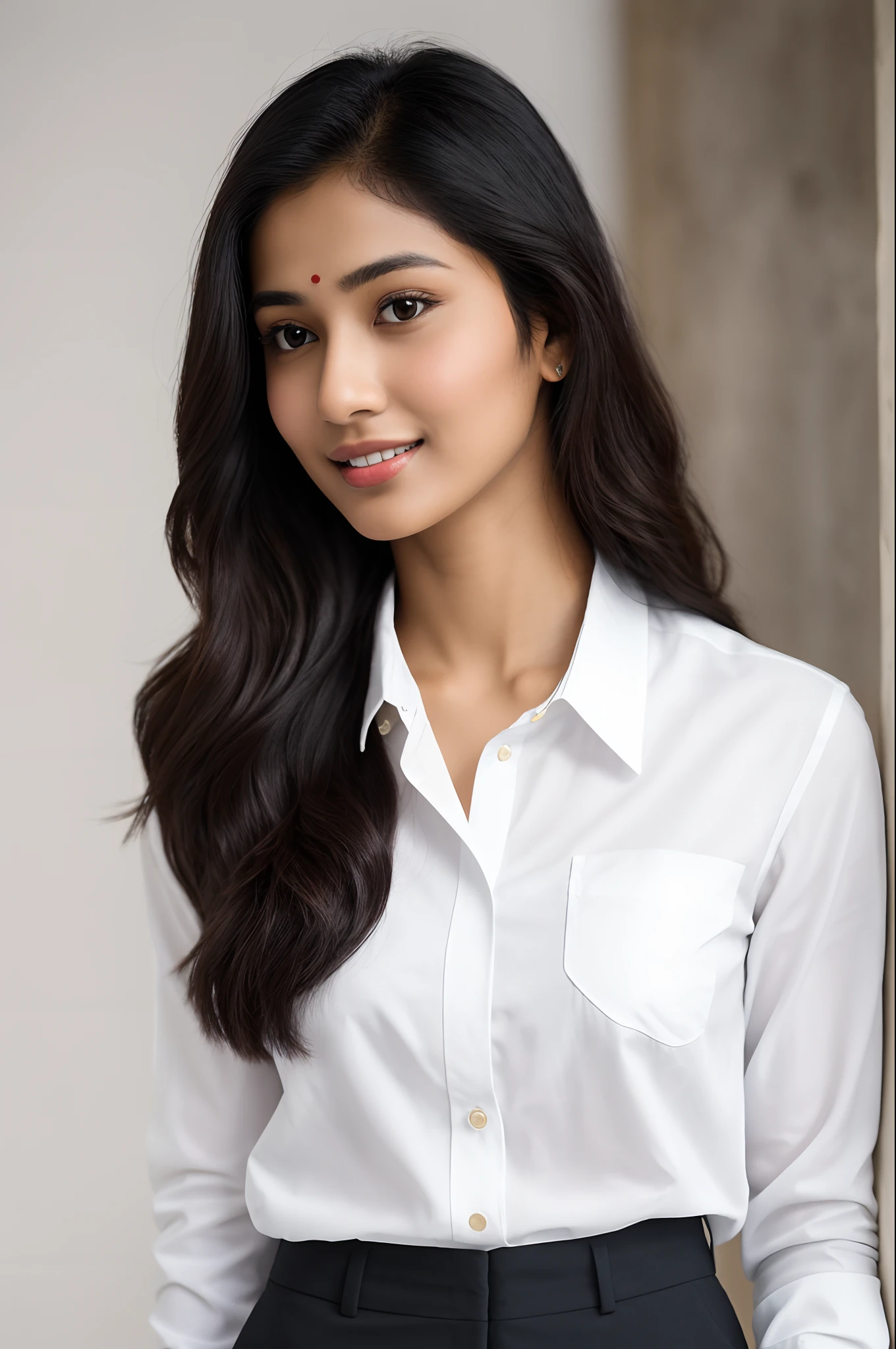 a malayali girl, beautiful and fair, elegantly clad in formal business attire, is comfortably seated behind her desk. the first two buttons of her shirt is open exposing cleavage. With a subtle, self-assured expression, she holds her smartphone, framing her face for a candid selfie from the front camera. Her posture exudes both relaxation and attentiveness, embodying the professionalism required to flawlessly balance her banking duties with a fleeting moment of personal self-expression.

The sun's rays filter in through the windows during midday, casting a warm, inviting glow over her face, highlighting her natural beauty.