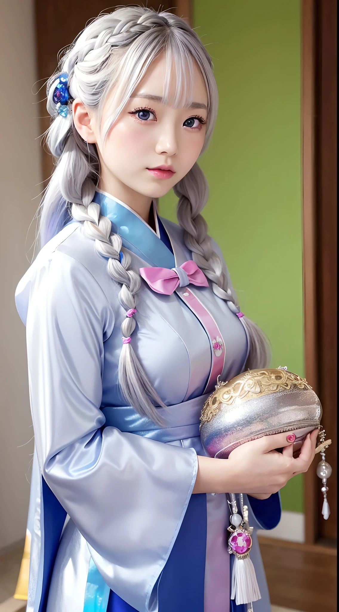 Japan girl is very cute。I have iridescent eyes.、Wearing flashy national costumes、Silver-haired braid、Wearing a lot of ornaments、Royal Girl、