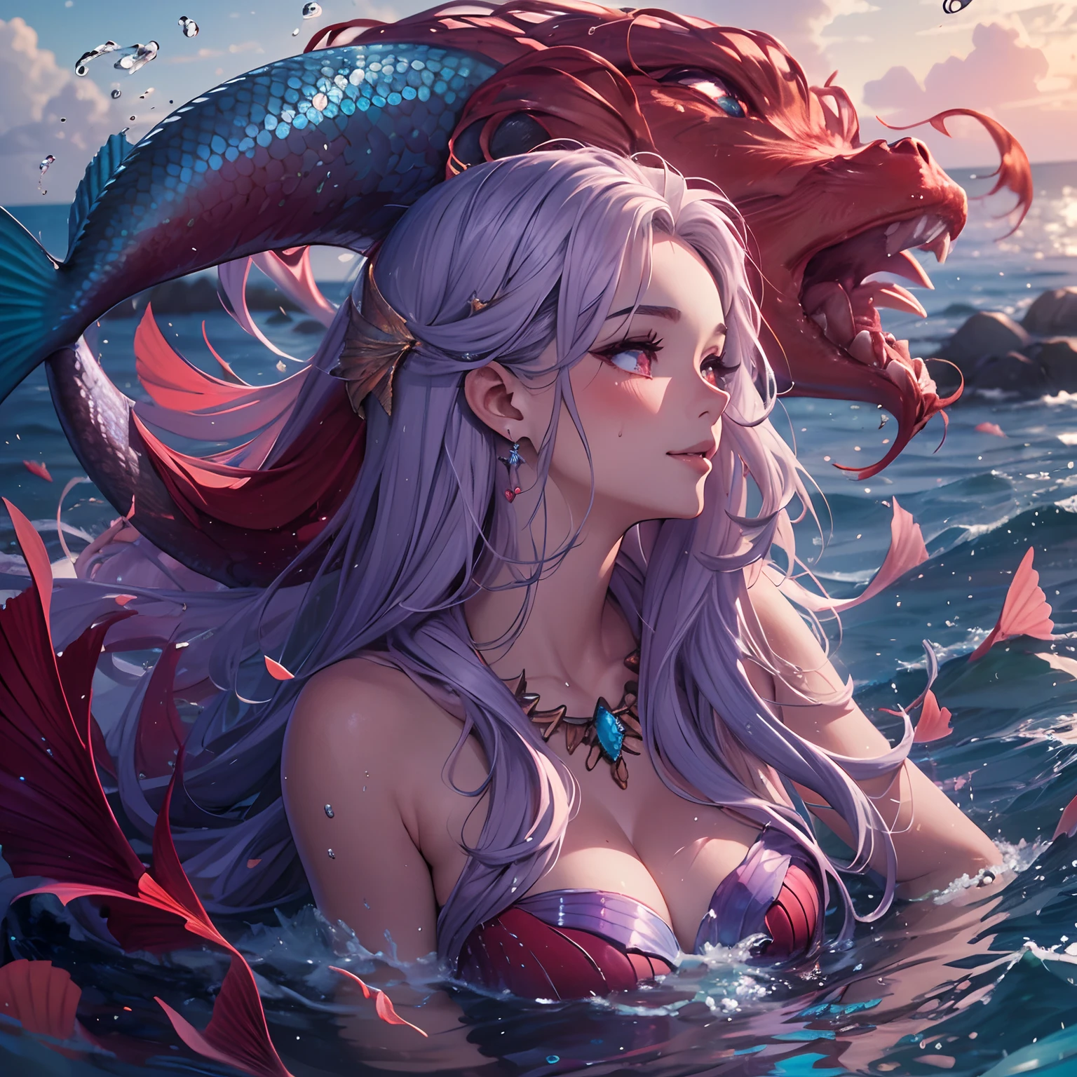 (Masterpiece, Highest quality)), Detailed face, ， full bodyesbian, Full of details, Multiple poses and expressions, Highly detailed, Depth, Many parts，Beautiful mermaid girl，Human fishtail，estilo fantasia，Extremely beautiful，High Balance, Natural light, Water ripples around, white hair, fish features, red eyes, gills, scales, sea shell hair ornament, red jewellery, deep blush, giggling, , sweating, heart in eyes, ((purple tinted skin)), blush, highlights, glossy lips, 4k, high quality, (((long hair))), sitting on rock, looking sunset, candid, cowboy shot, sea, water, waves, corals, dark, stormy, (((no mermaid tail))) (no fish)