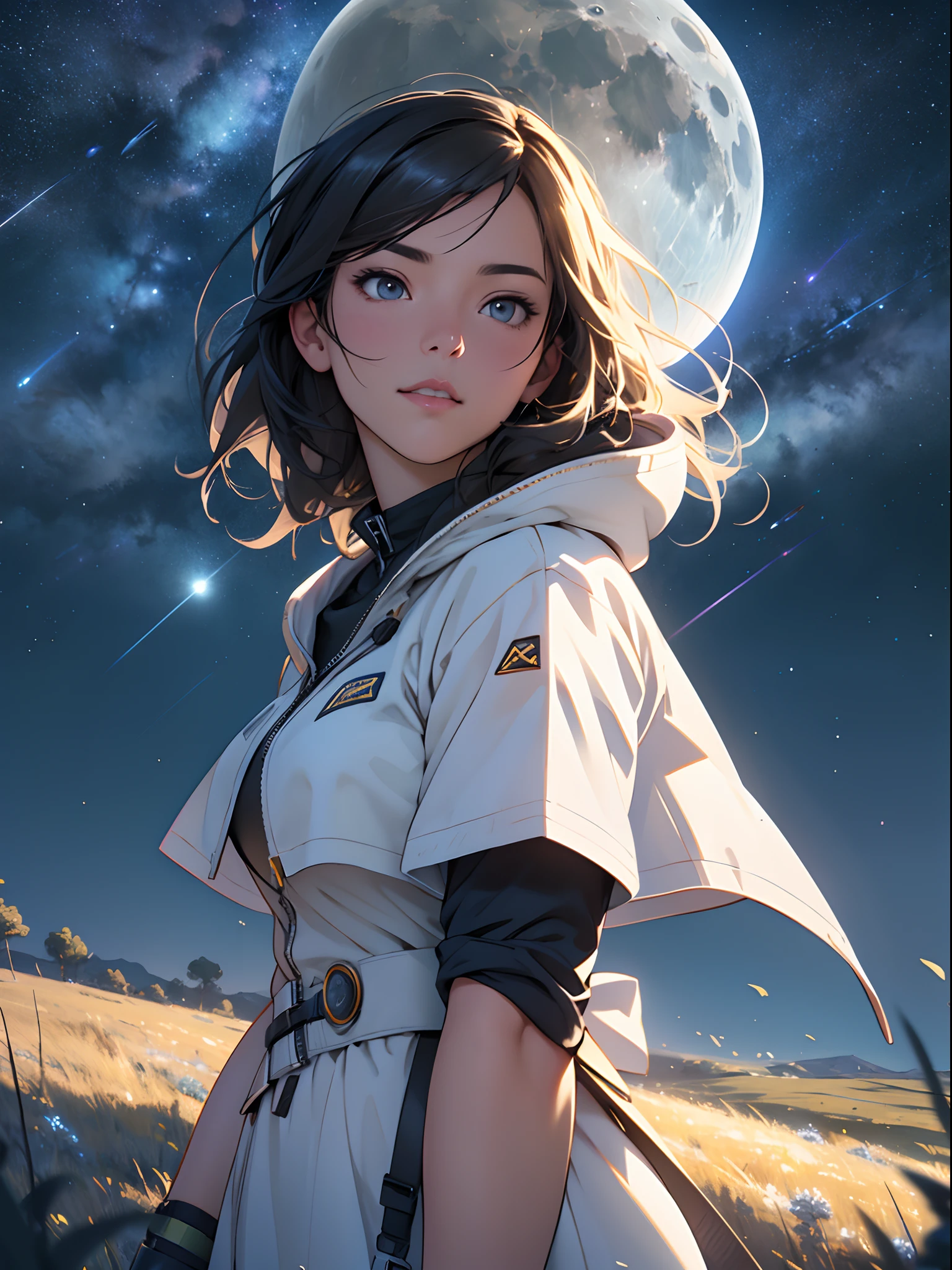 high quality, 8K Ultra HD, ultra-realistic, high detailed, very detailed starry sky, detailed illustration of a beautiful woman looking up at the starry sky in a meadow, Moon, shooting star, Greg Rutkowski, Artgerm, WLOP, Alphonse Beeple, luminism, 3d render, octane render, cinematic, Isometric, by yukisakura, awesome full color, --auto
