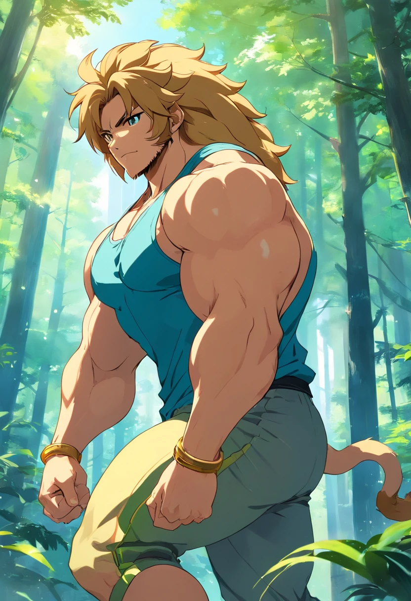 Lion Bodybuilder Link,peludo, detalhe intrincado, 12k, forest behind, muscular arms, Rabo, small head, giant trapezoid, Ogro monstruoso, Titan, soft-lighting, cabelos loiros, olhos amarelos, wearing green pants, camisa azul, Casaco azul, bracelete dourado